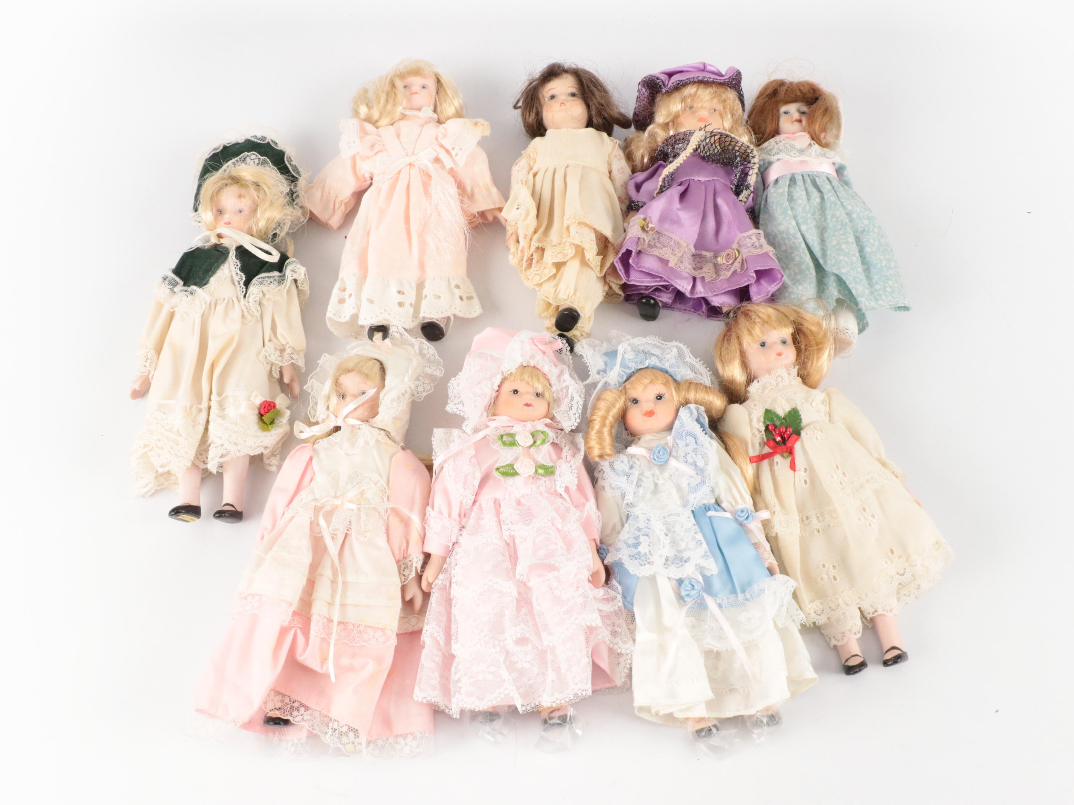 Small Porcelain Clown and Victorian Dress Dolls with Bench and Chair, Vintage