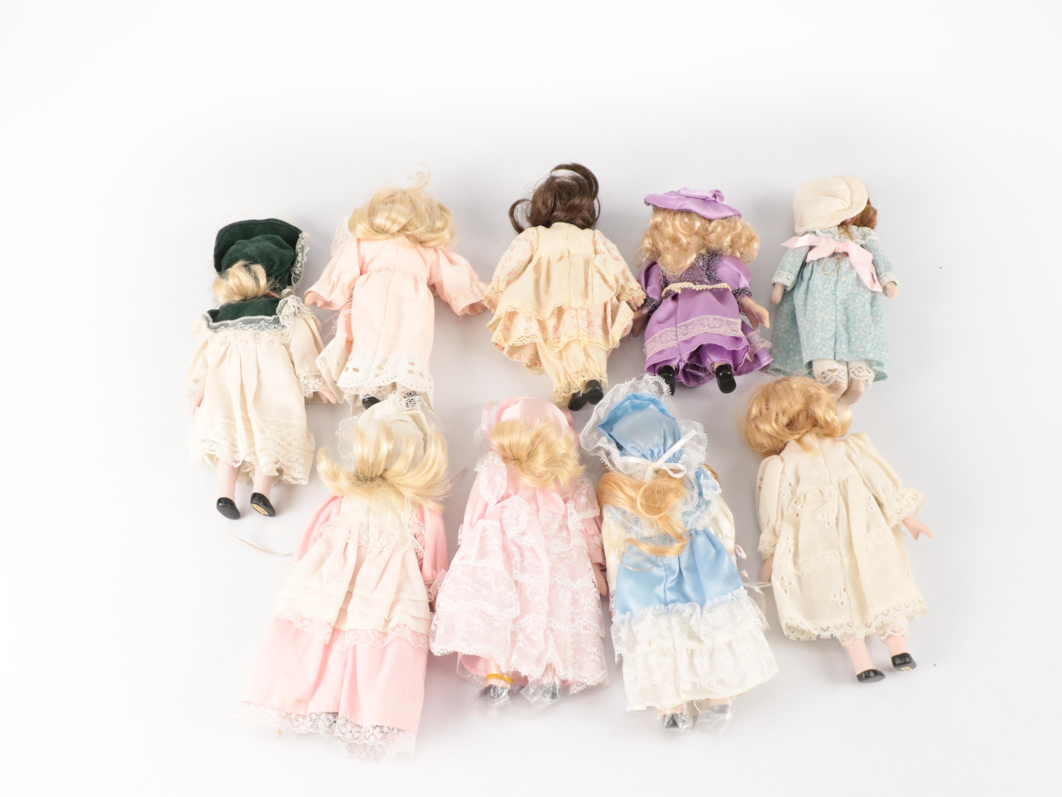 Small Porcelain Clown and Victorian Dress Dolls with Bench and Chair, Vintage