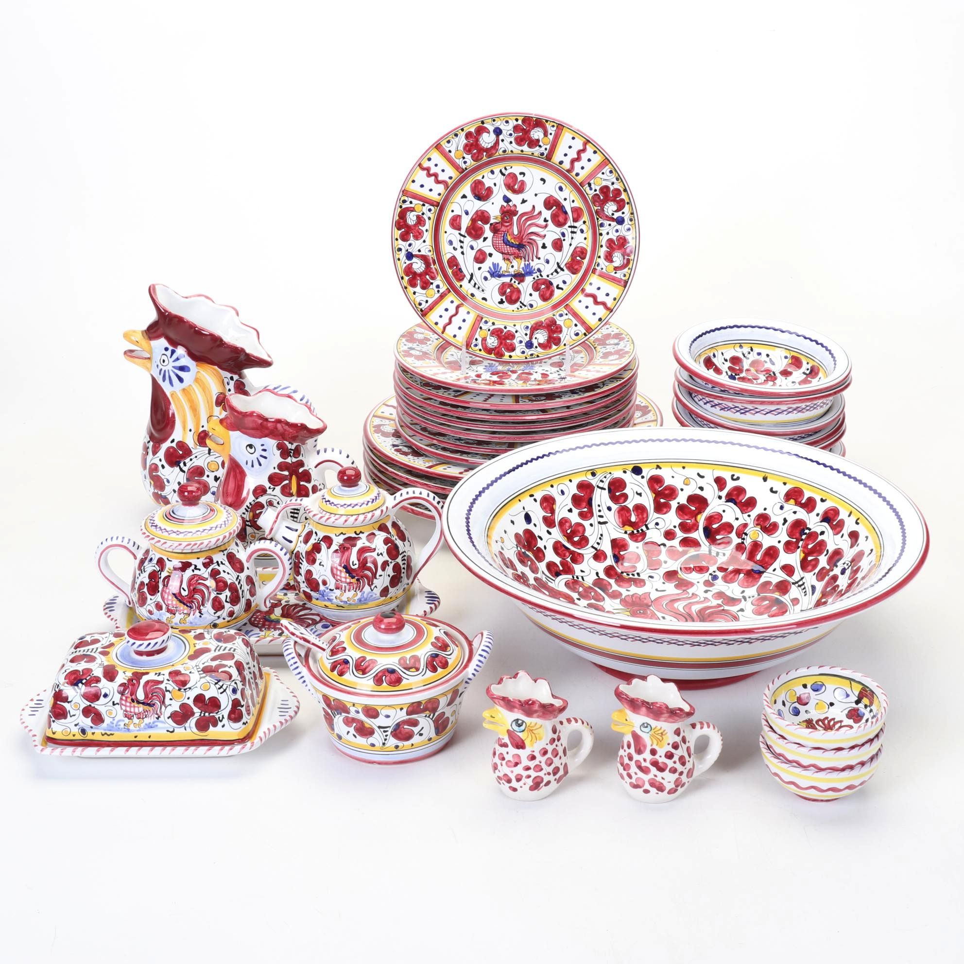 Fima Deruta Italy Hand Painted "Red Rooster" Dinnerware