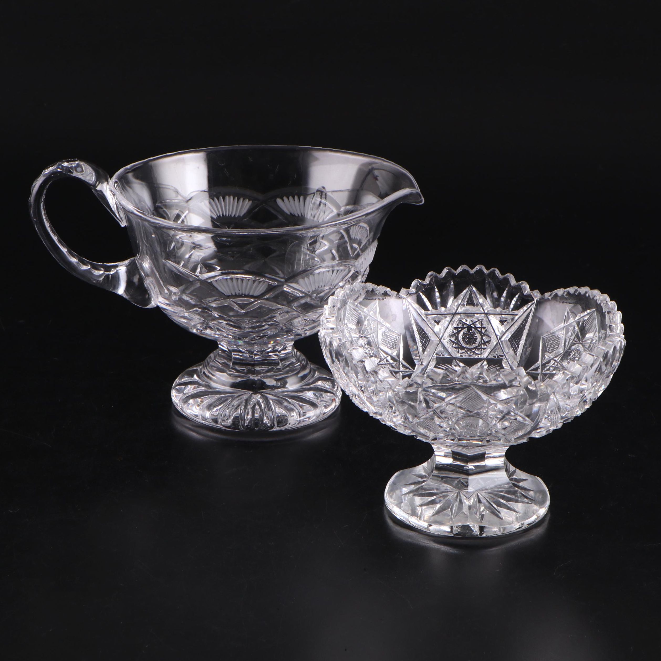 American Brilliant Style Cut Crystal Compote with Pressed Glass Pitcher