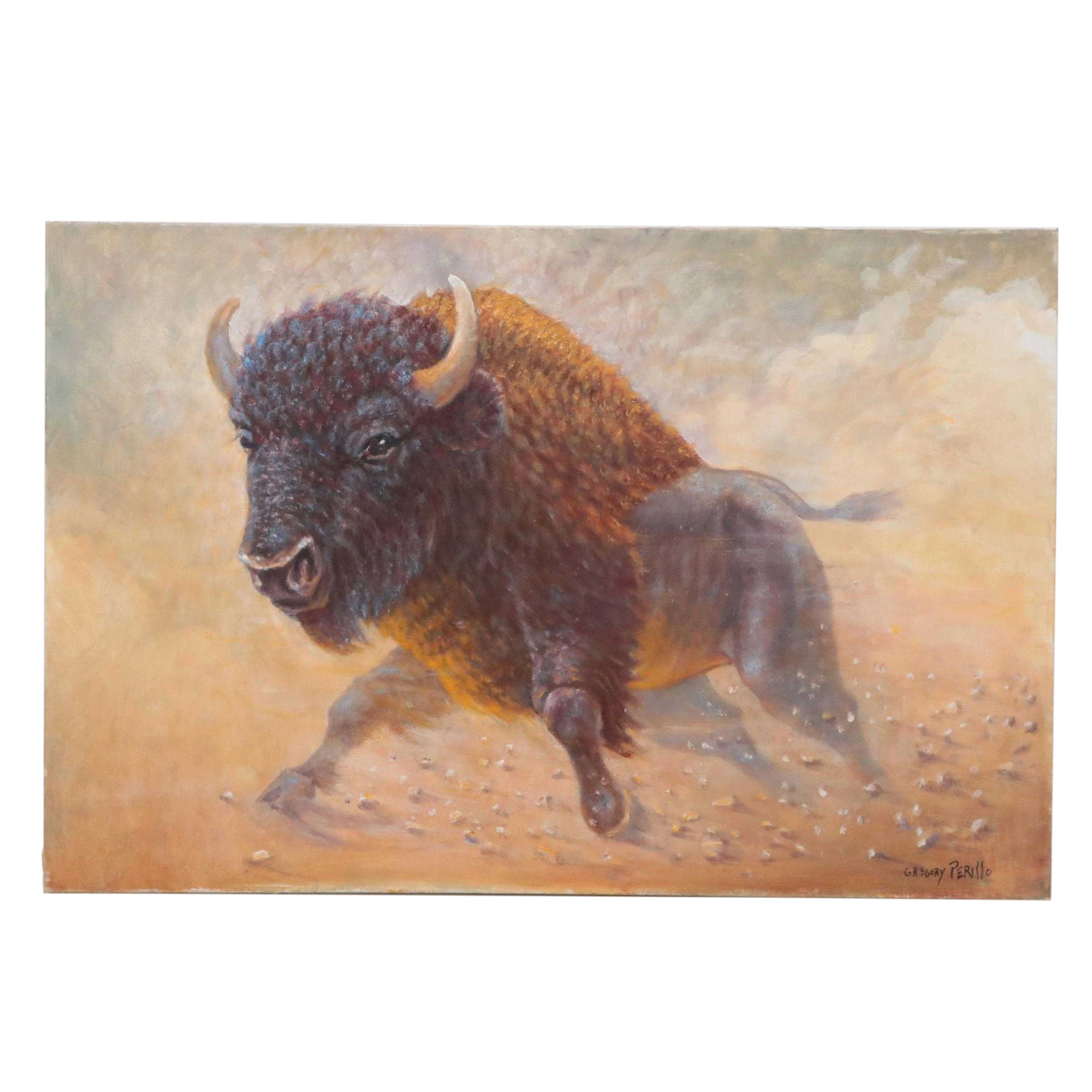 Gregory Perillo Western Oil Painting of a Bison, 21st Century