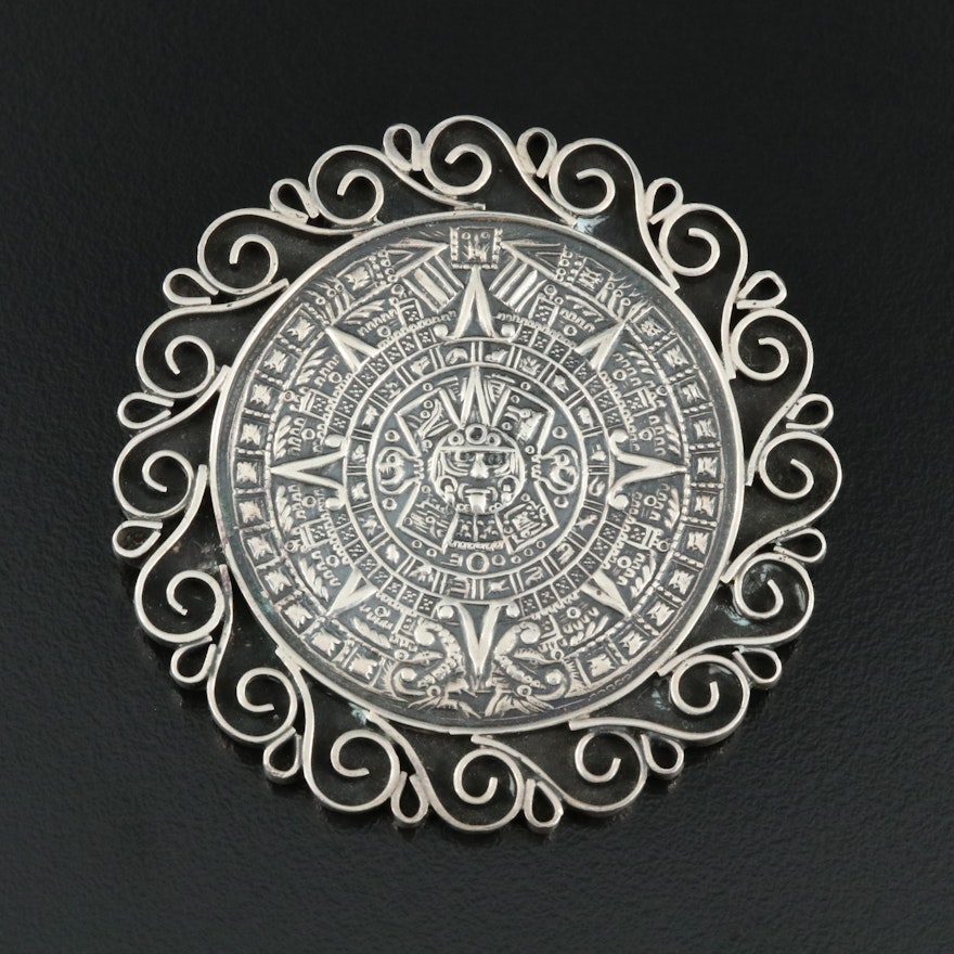 Mexican Sterling Aztec Calendar Converter Brooch EBTH