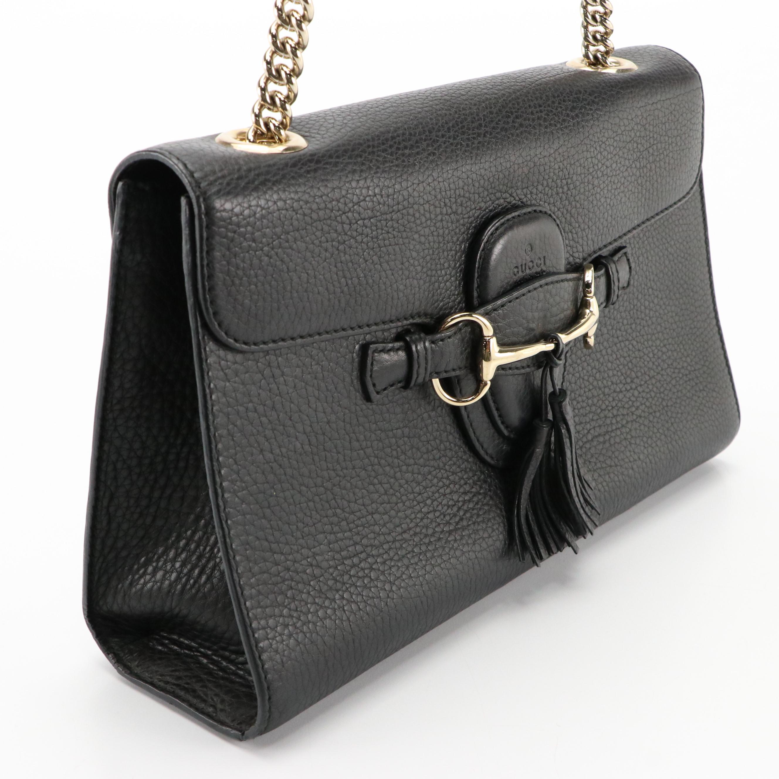 Gucci Emily Medium Chain Flap Shoulder Bag in Black Grained Leather