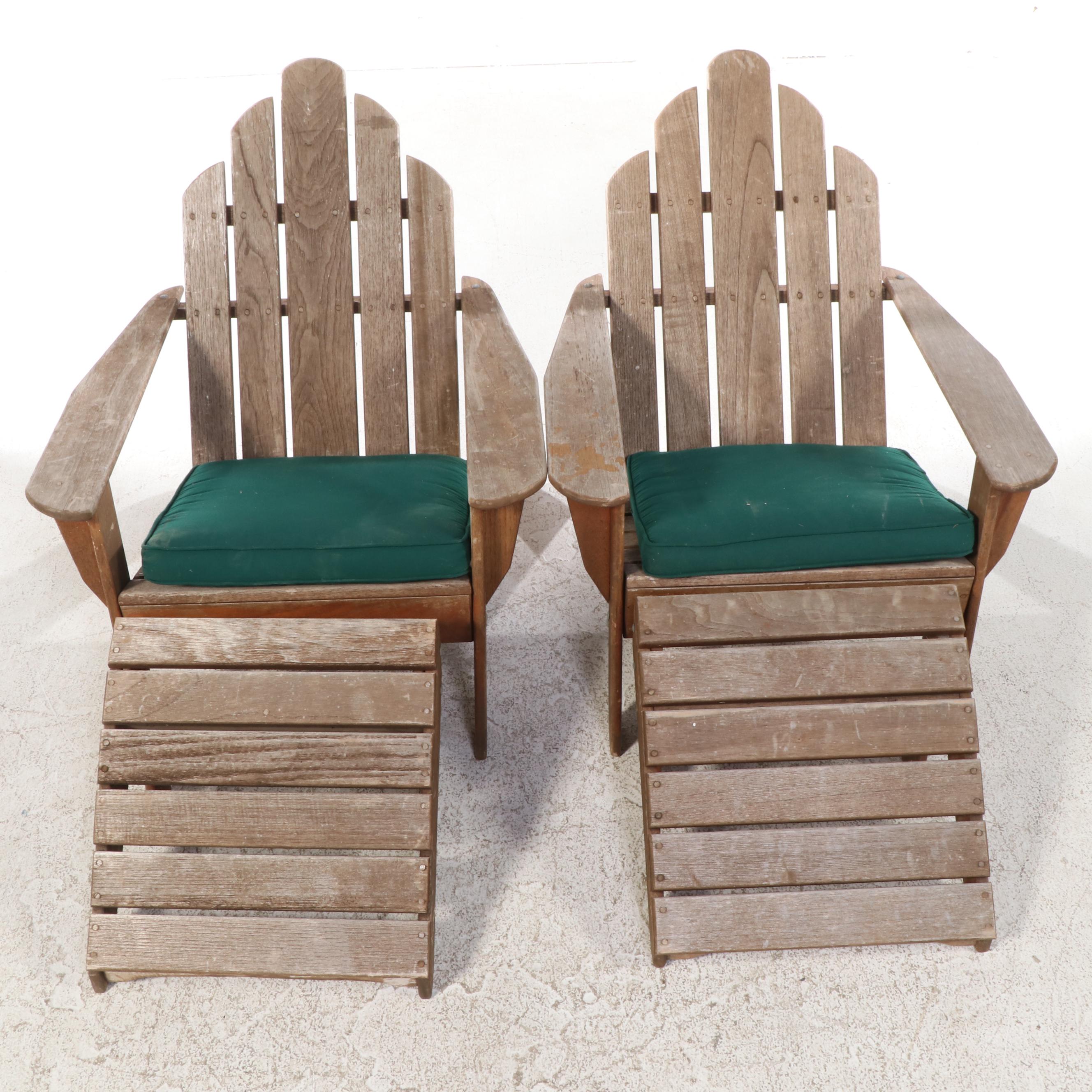 Pair of Smith & Hawken Teak Patio Lounge Chairs with Ottomans