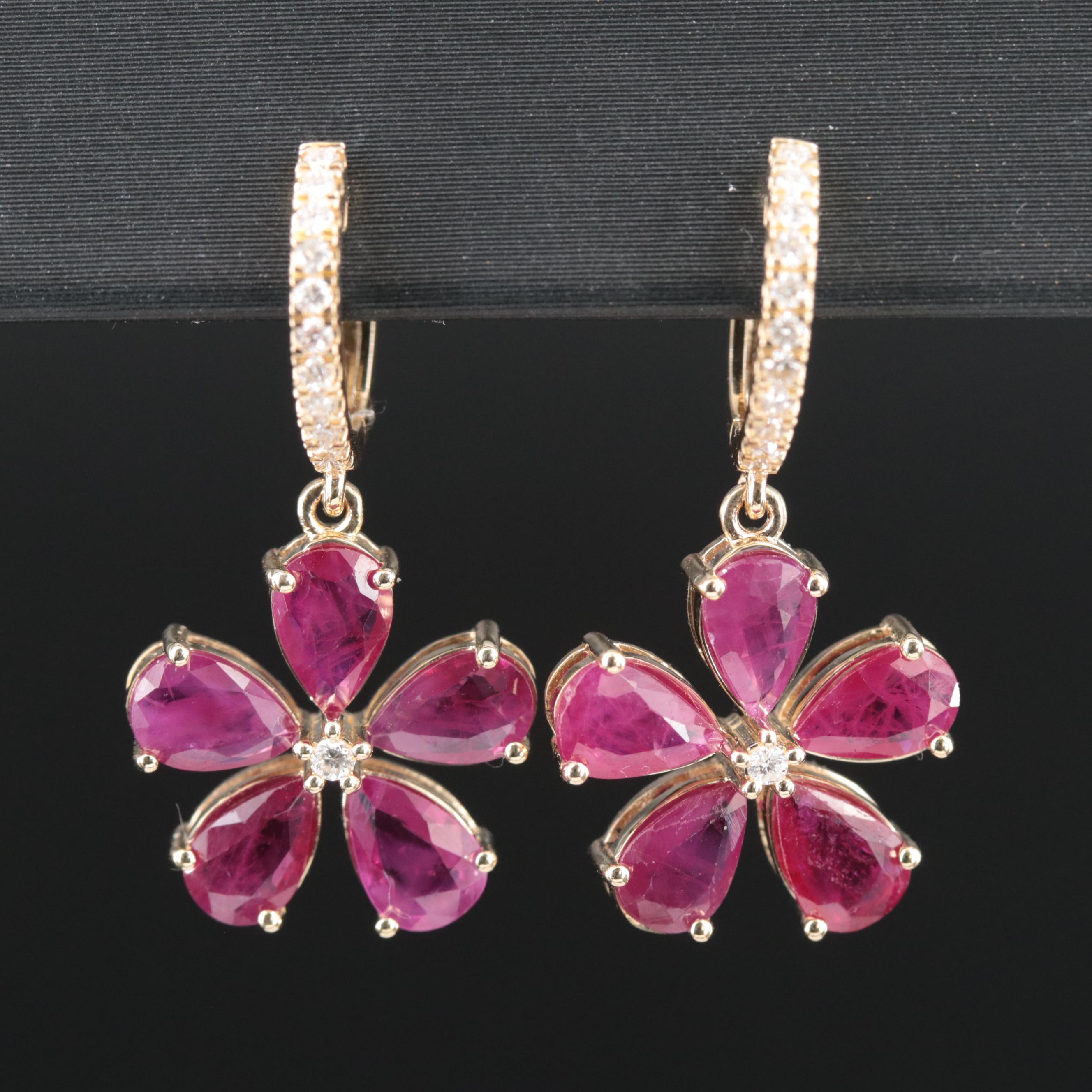 14K Diamond and Ruby Flower Earrings