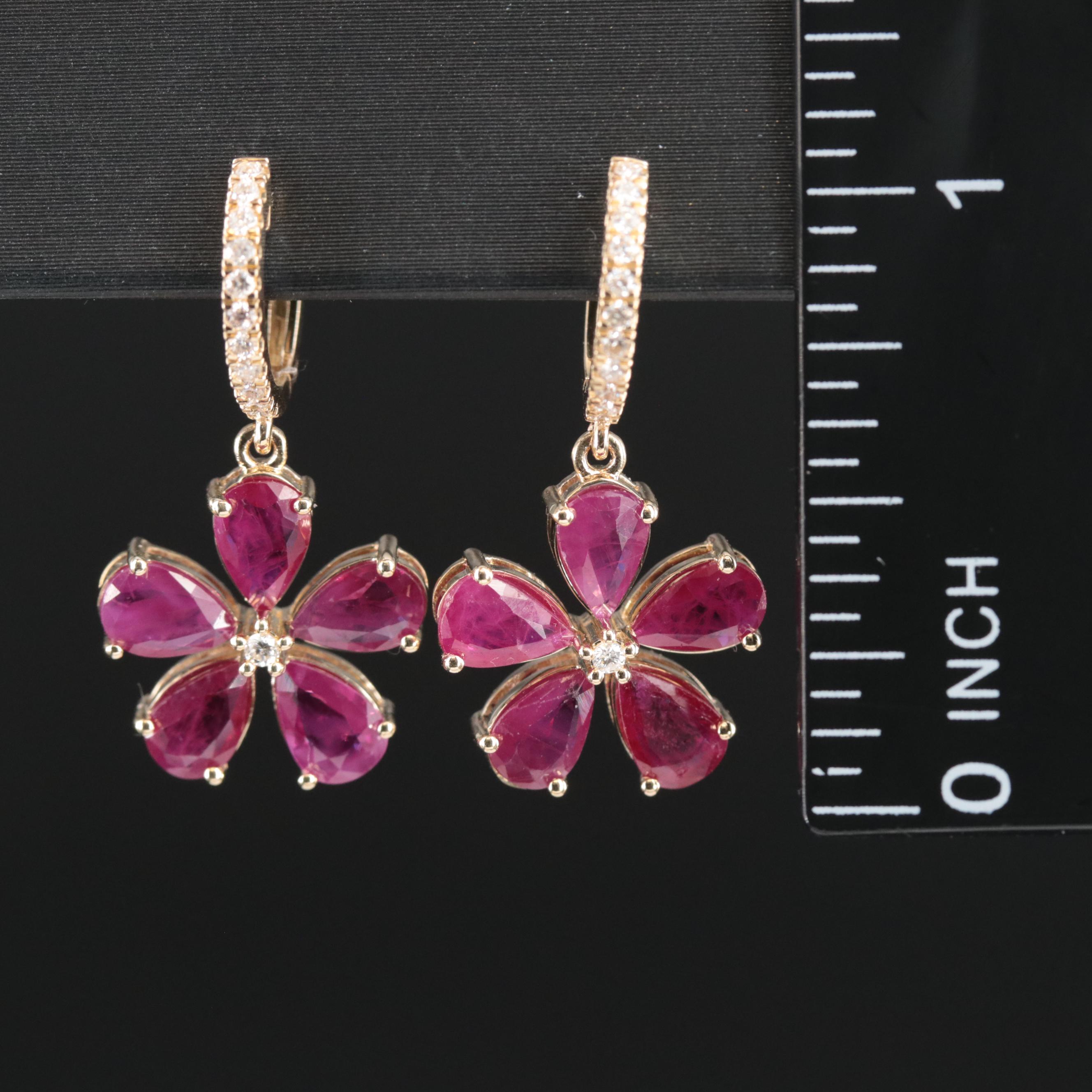 14K Diamond and Ruby Flower Earrings