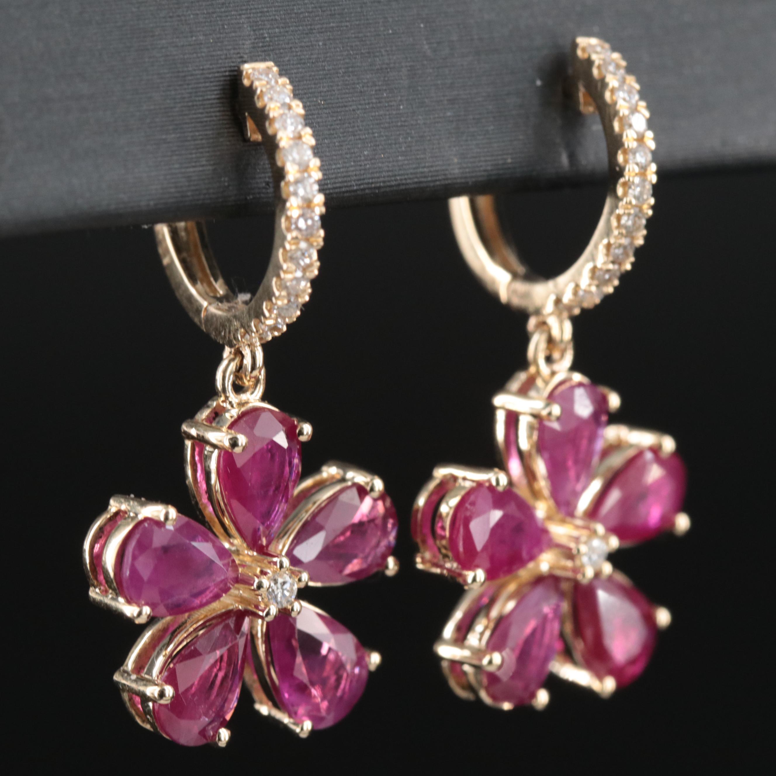 14K Diamond and Ruby Flower Earrings