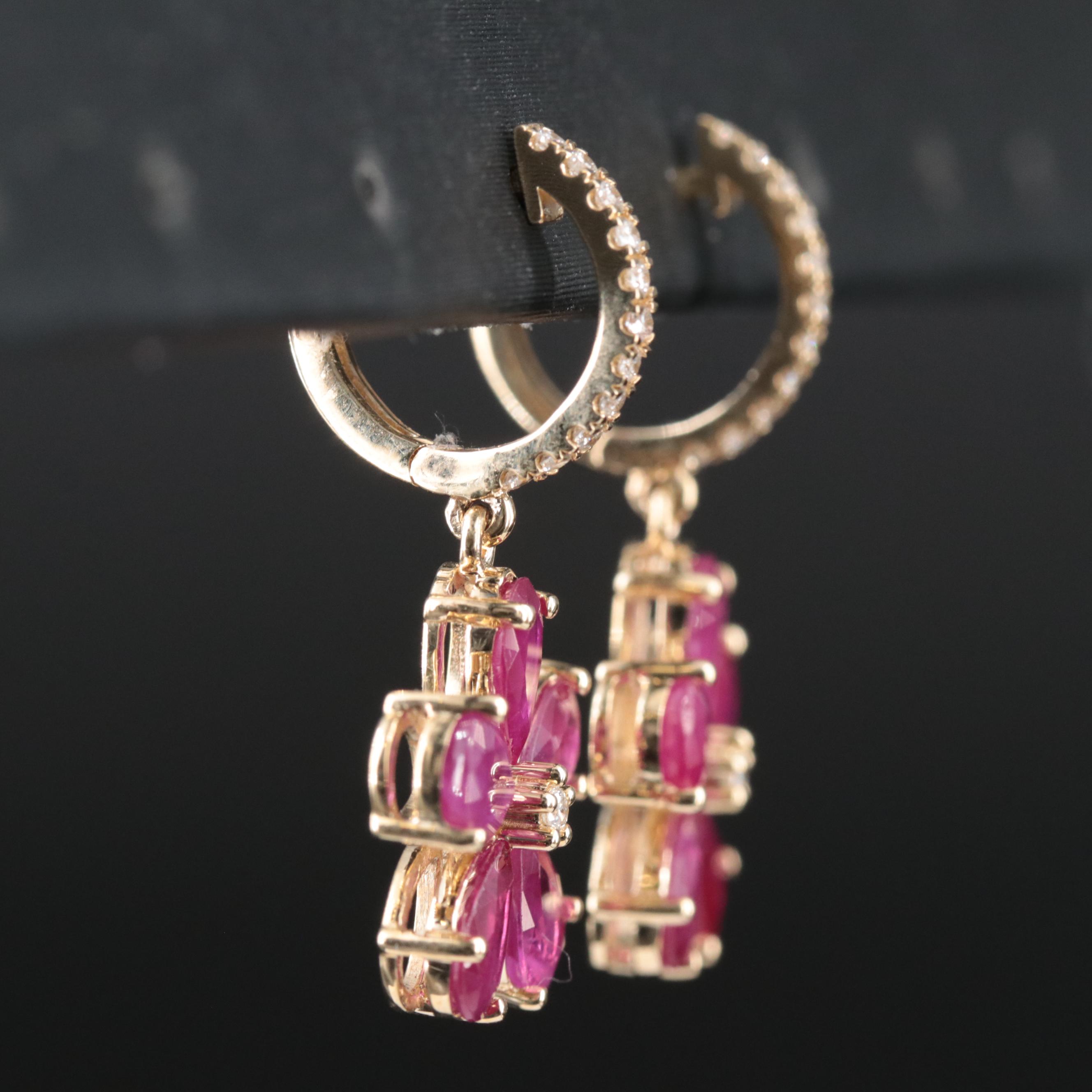 14K Diamond and Ruby Flower Earrings