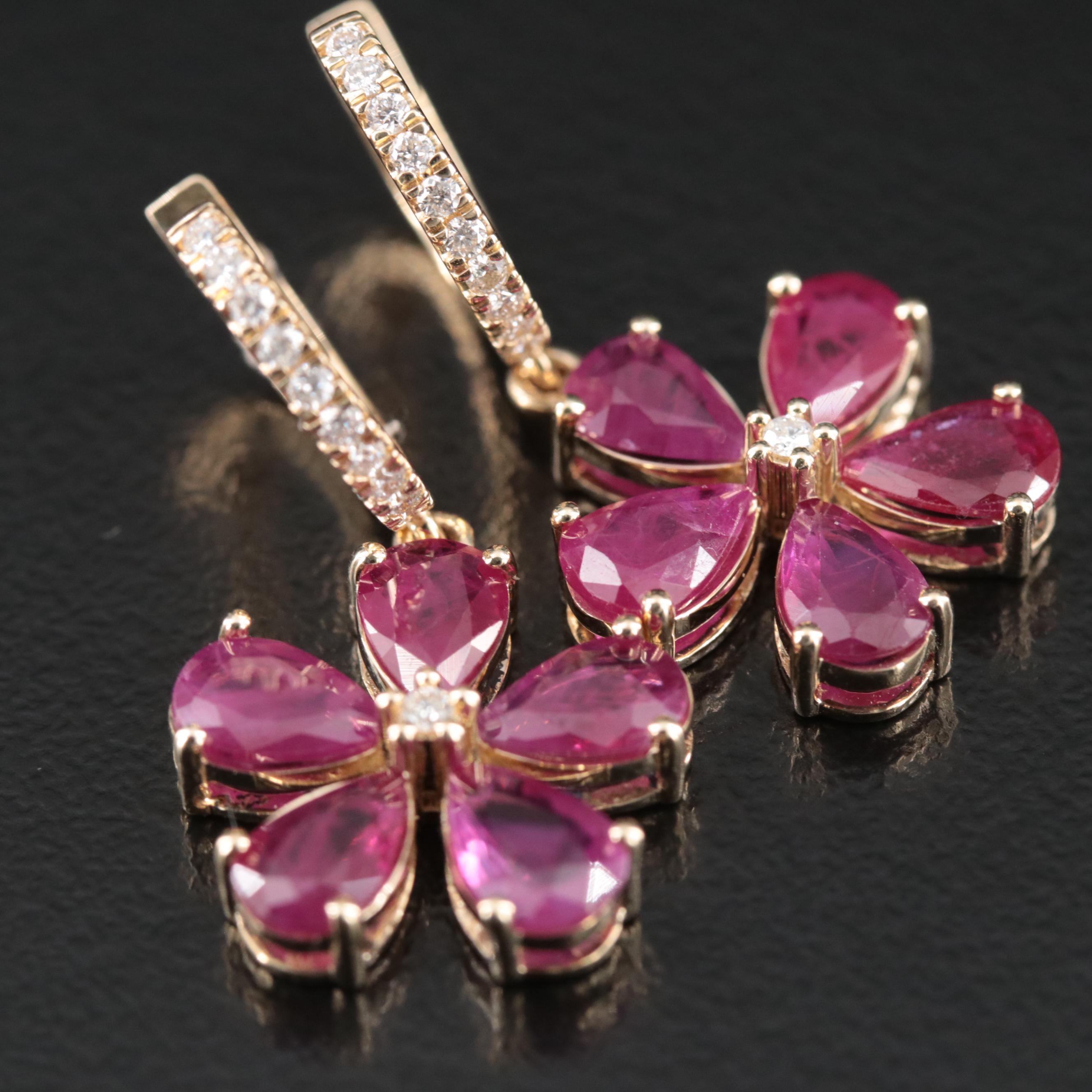 14K Diamond and Ruby Flower Earrings