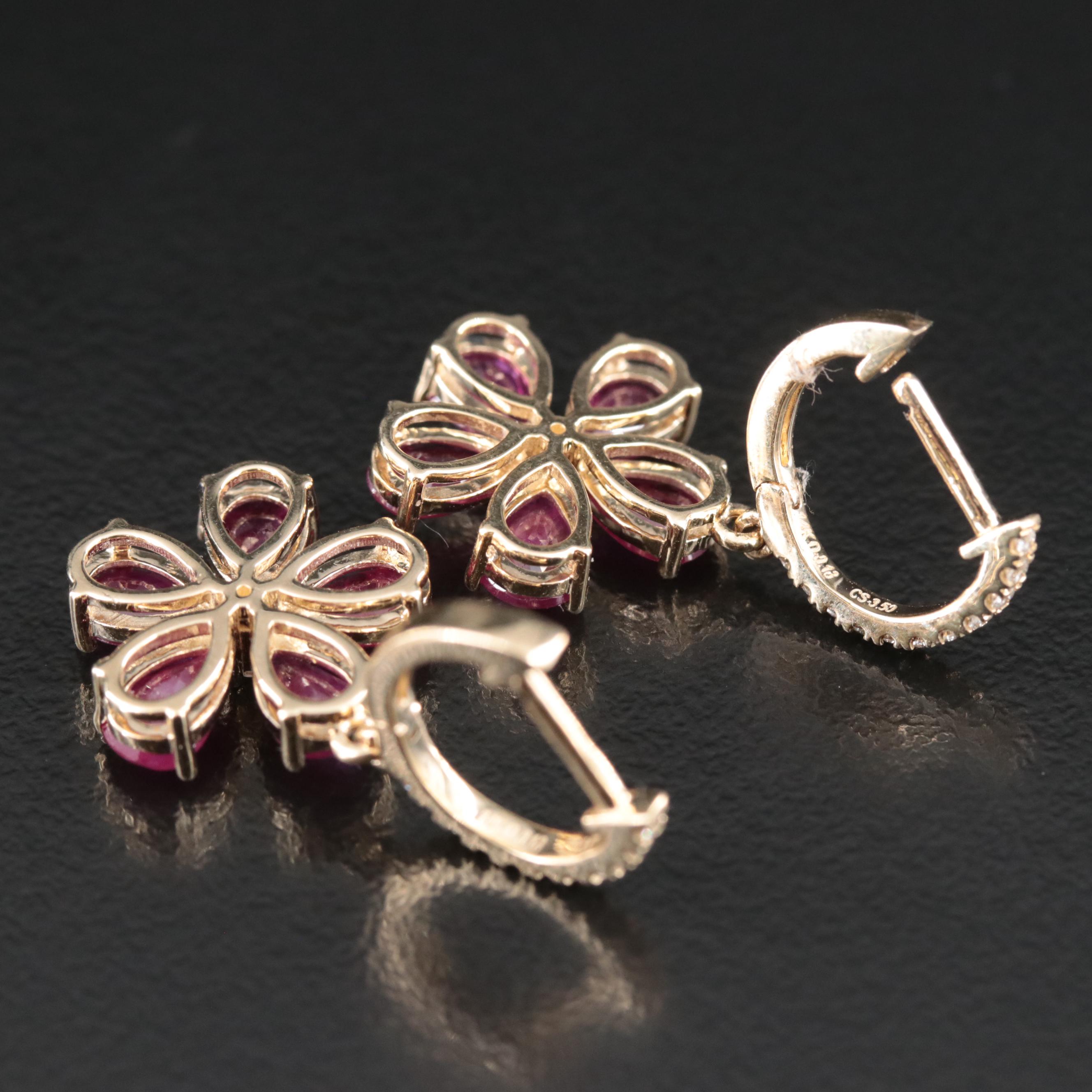 14K Diamond and Ruby Flower Earrings