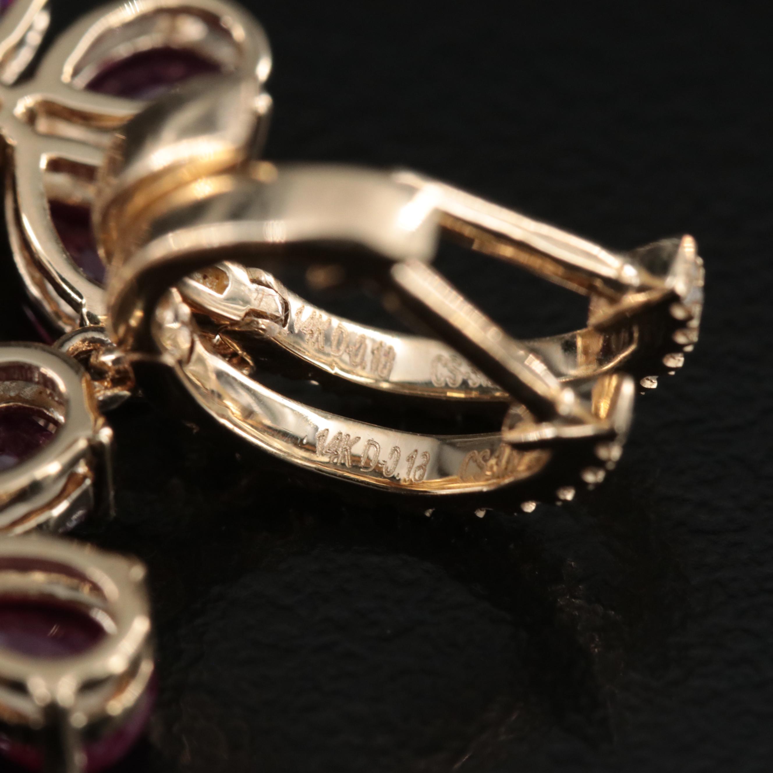 14K Diamond and Ruby Flower Earrings