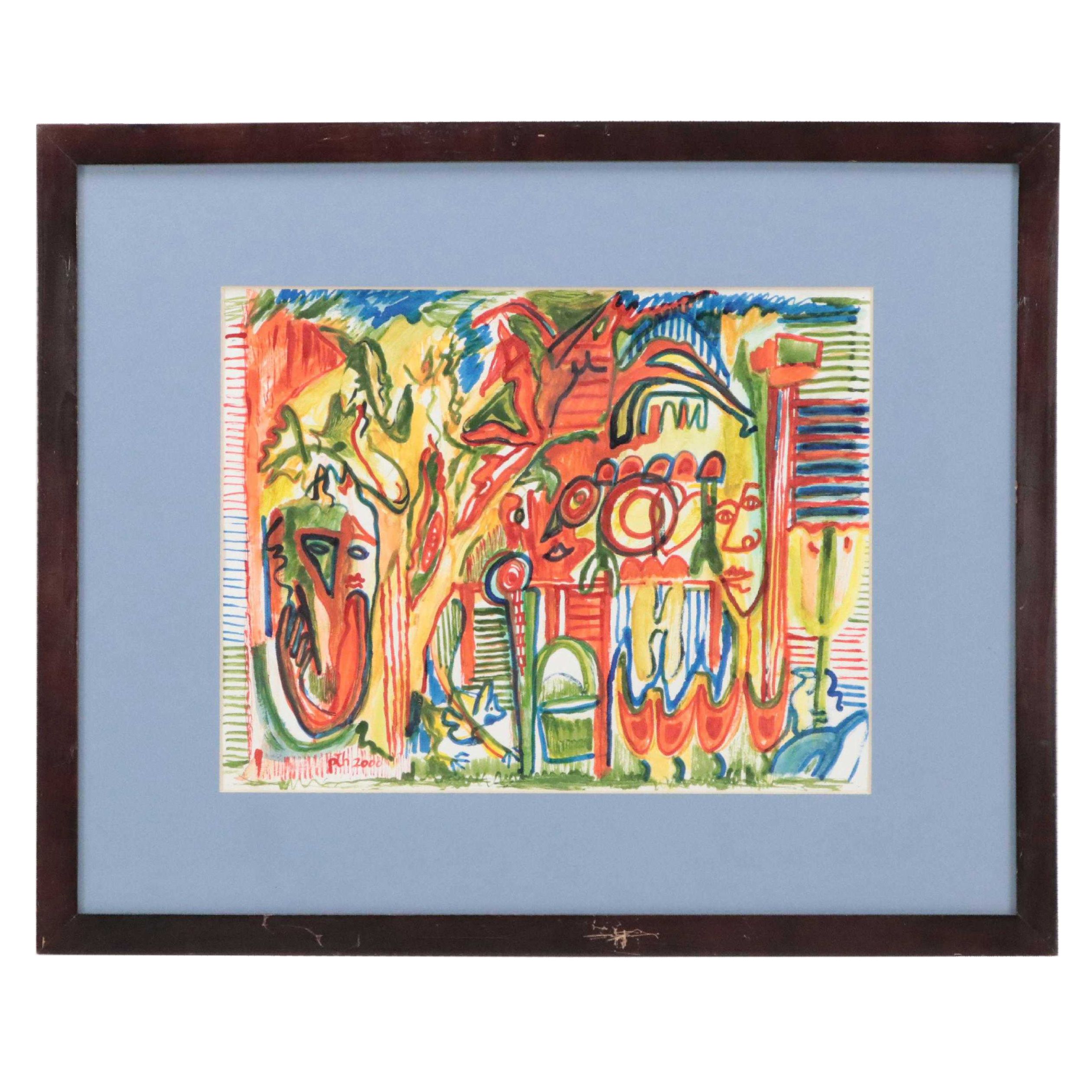 Phyllis Trager Hyman Modern Mixed Media Painting "Park Scene," 2000