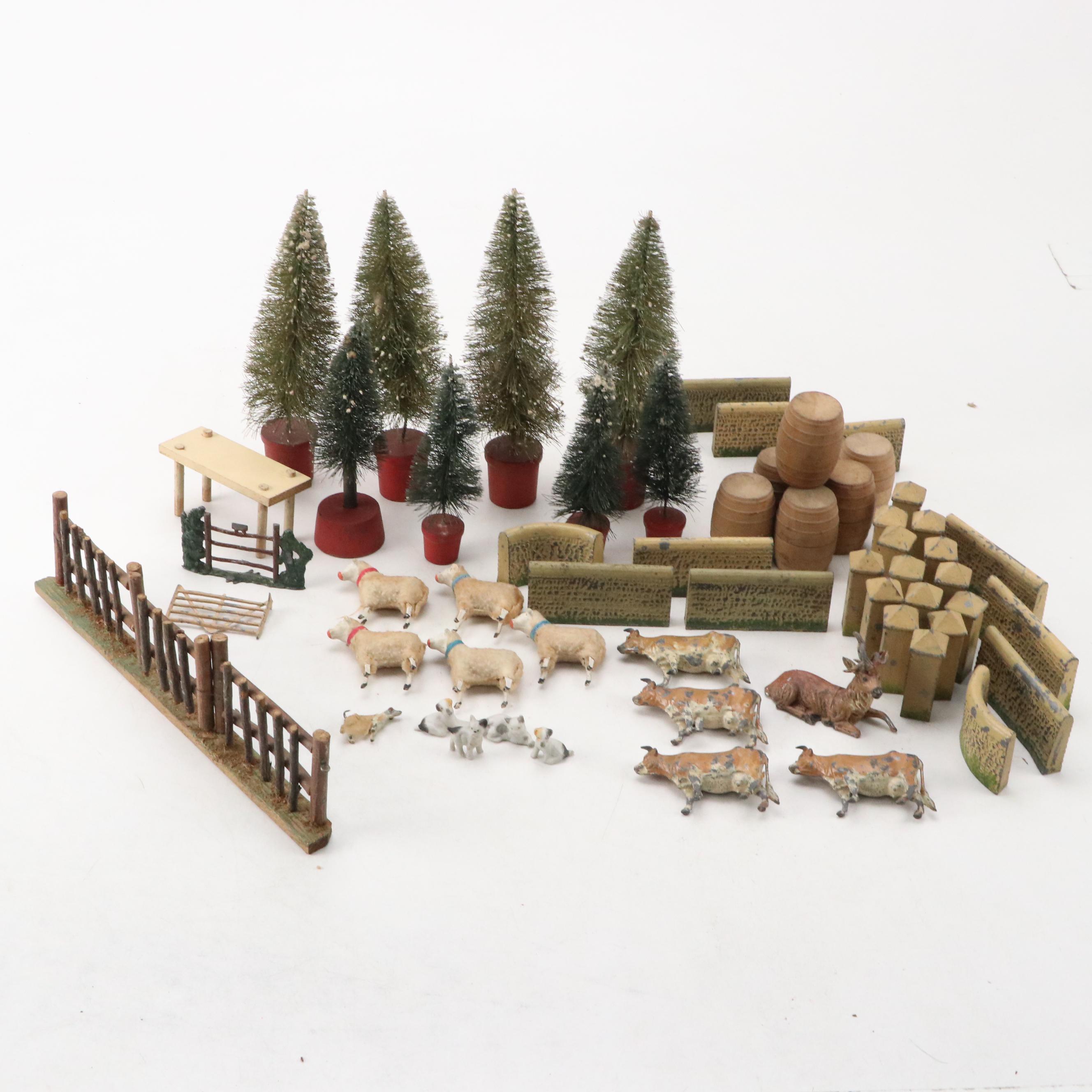 German Putz Sheep Figures with Metal Cows, Bottle Brush Trees, and Scenery