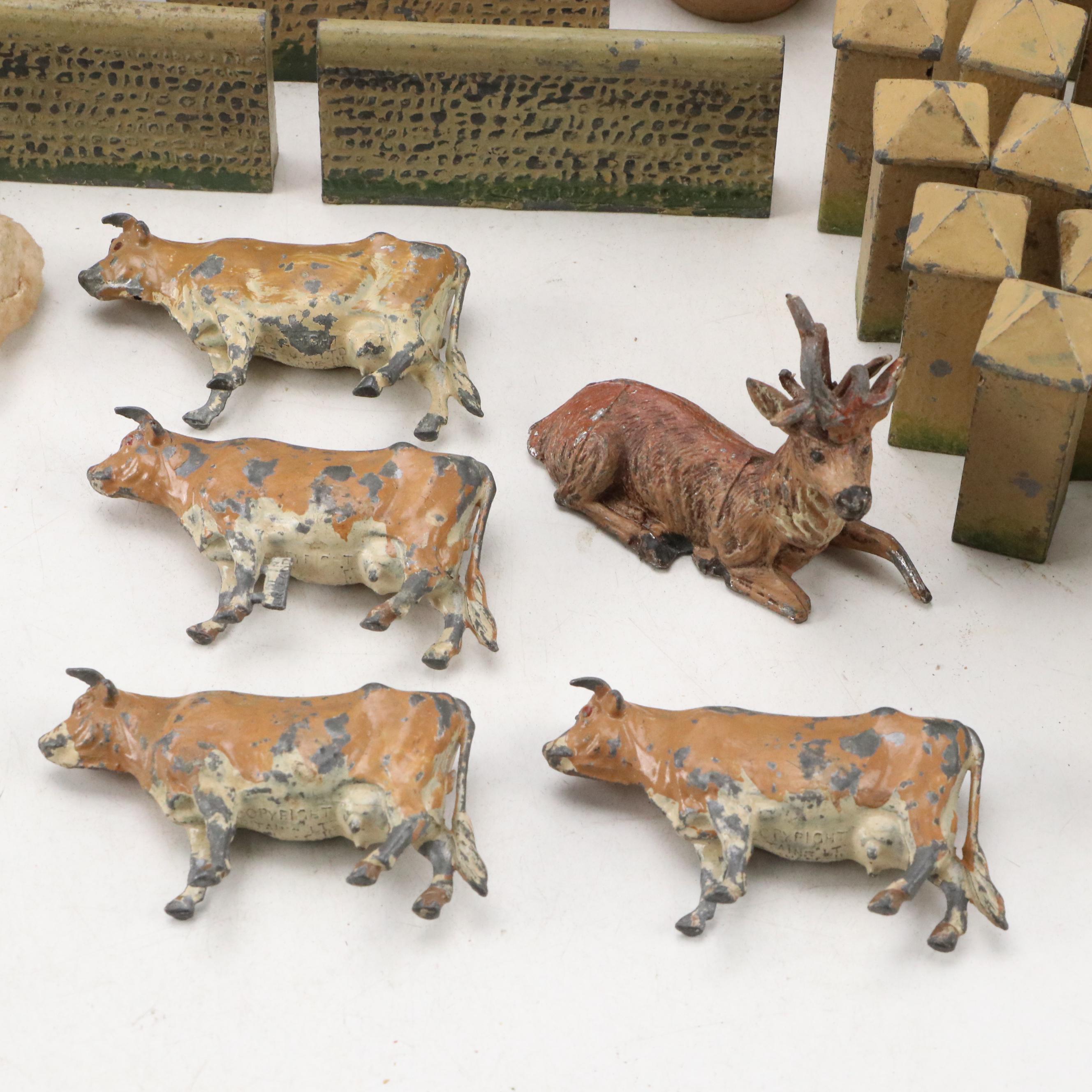 German Putz Sheep Figures with Metal Cows, Bottle Brush Trees, and Scenery