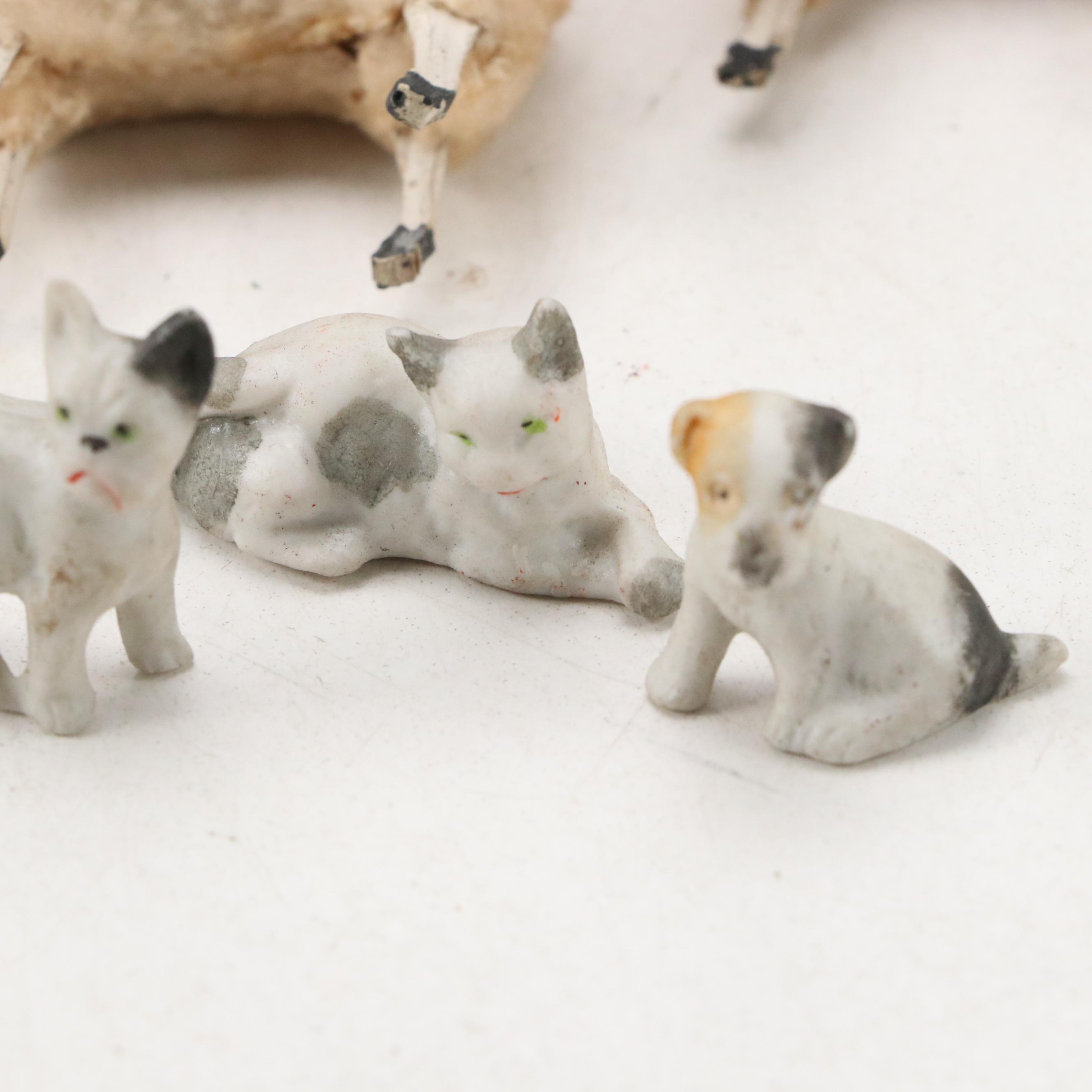 German Putz Sheep Figures with Metal Cows, Bottle Brush Trees, and Scenery