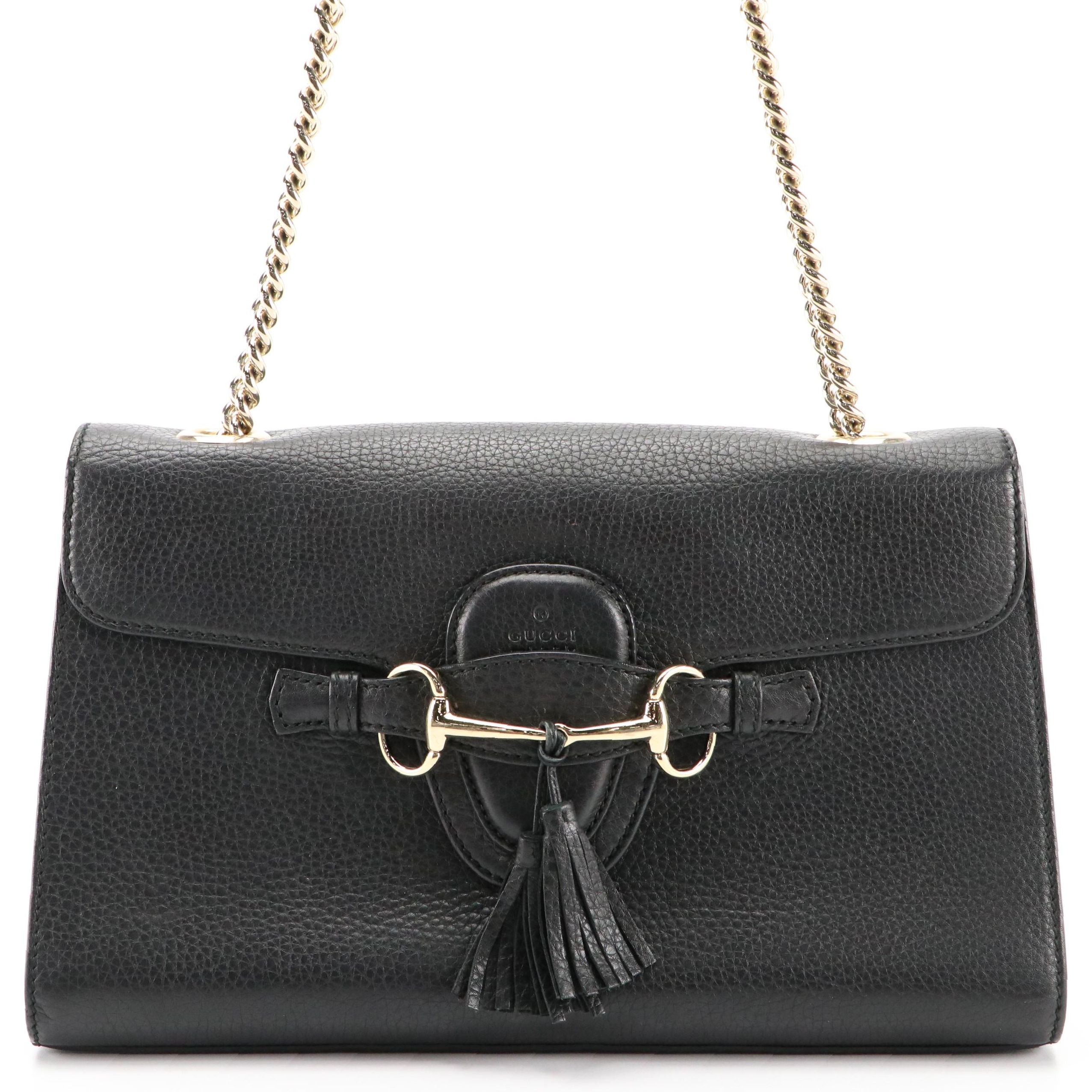 Gucci Emily Medium Chain Flap Shoulder Bag in Black Grained Leather