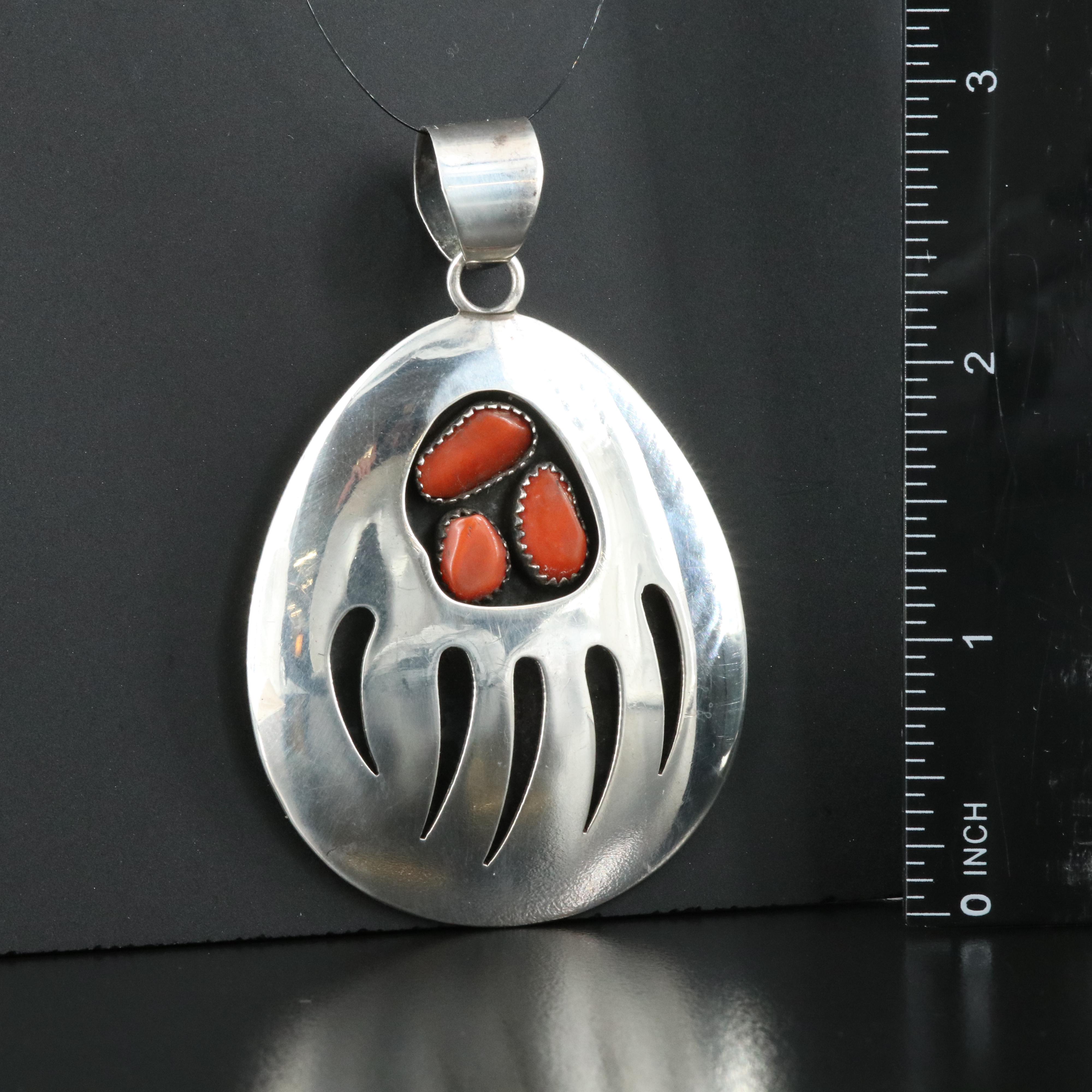 Thomas Nez, Navajo Diné Bear Claw Shadow Box Pendant Including Coral