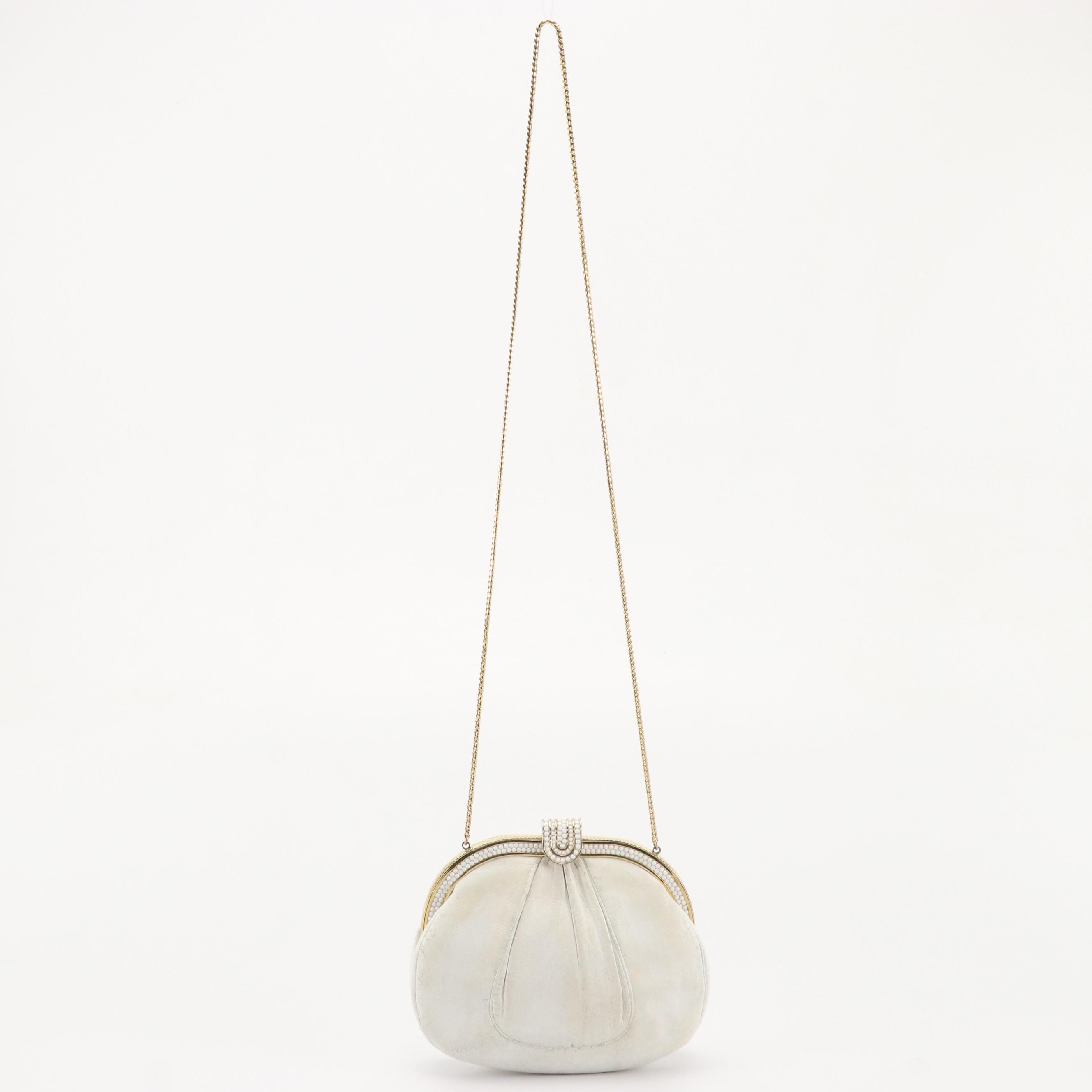 Judith Leiber Leather Clutch Purse with Chain Strap and Embellished Frame