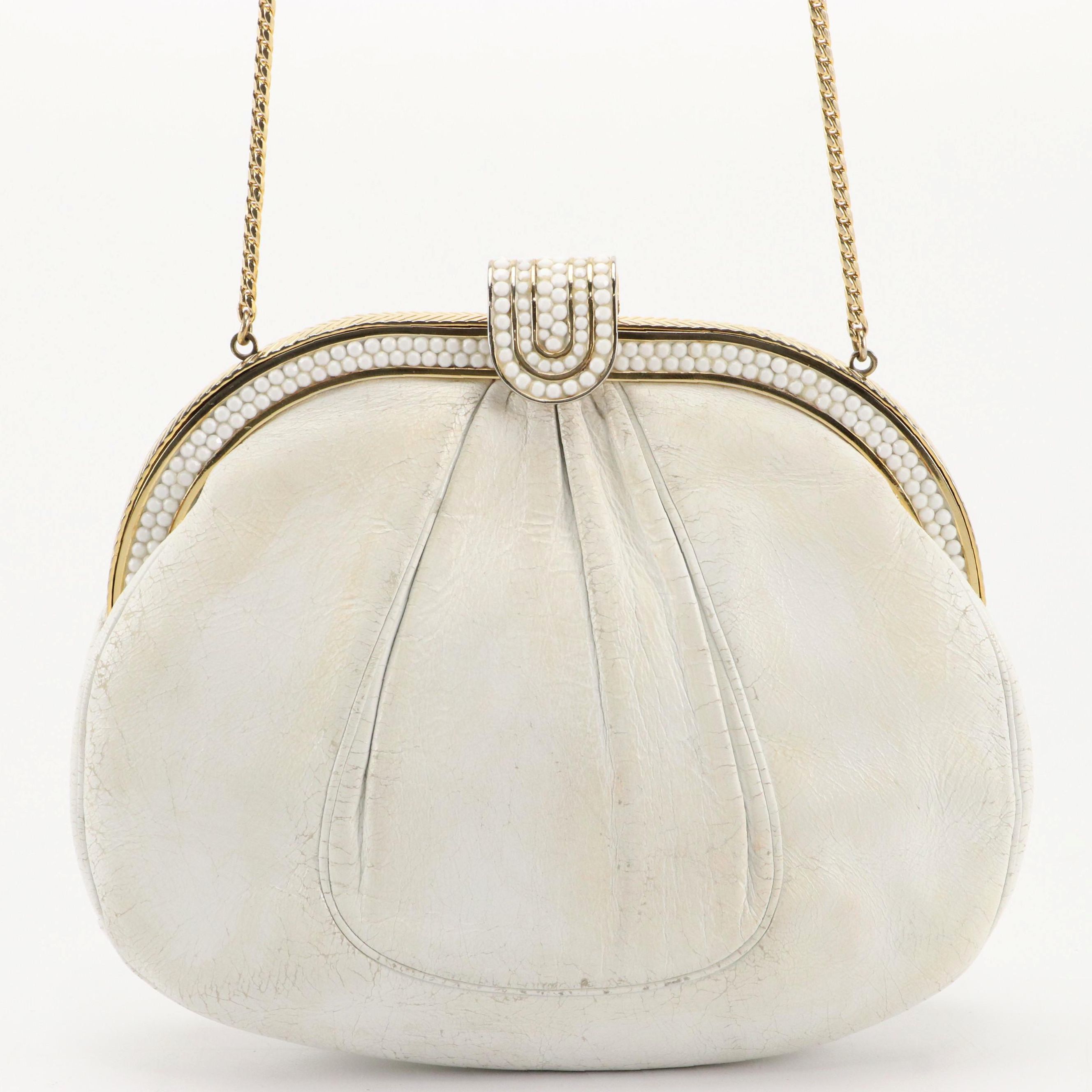 Judith Leiber Leather Clutch Purse with Chain Strap and Embellished Frame