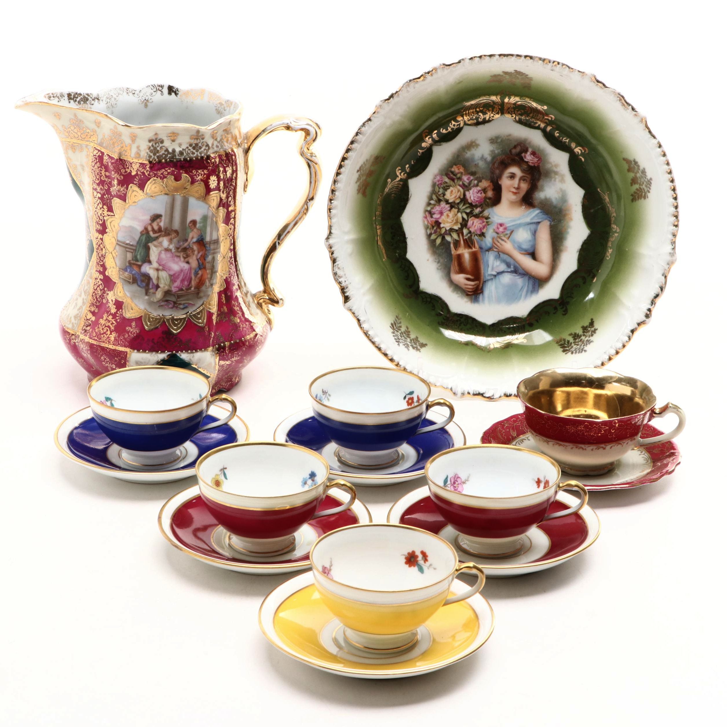 Royal Vienna Style Porcelain Pitcher with Other German Porcelain Tableware