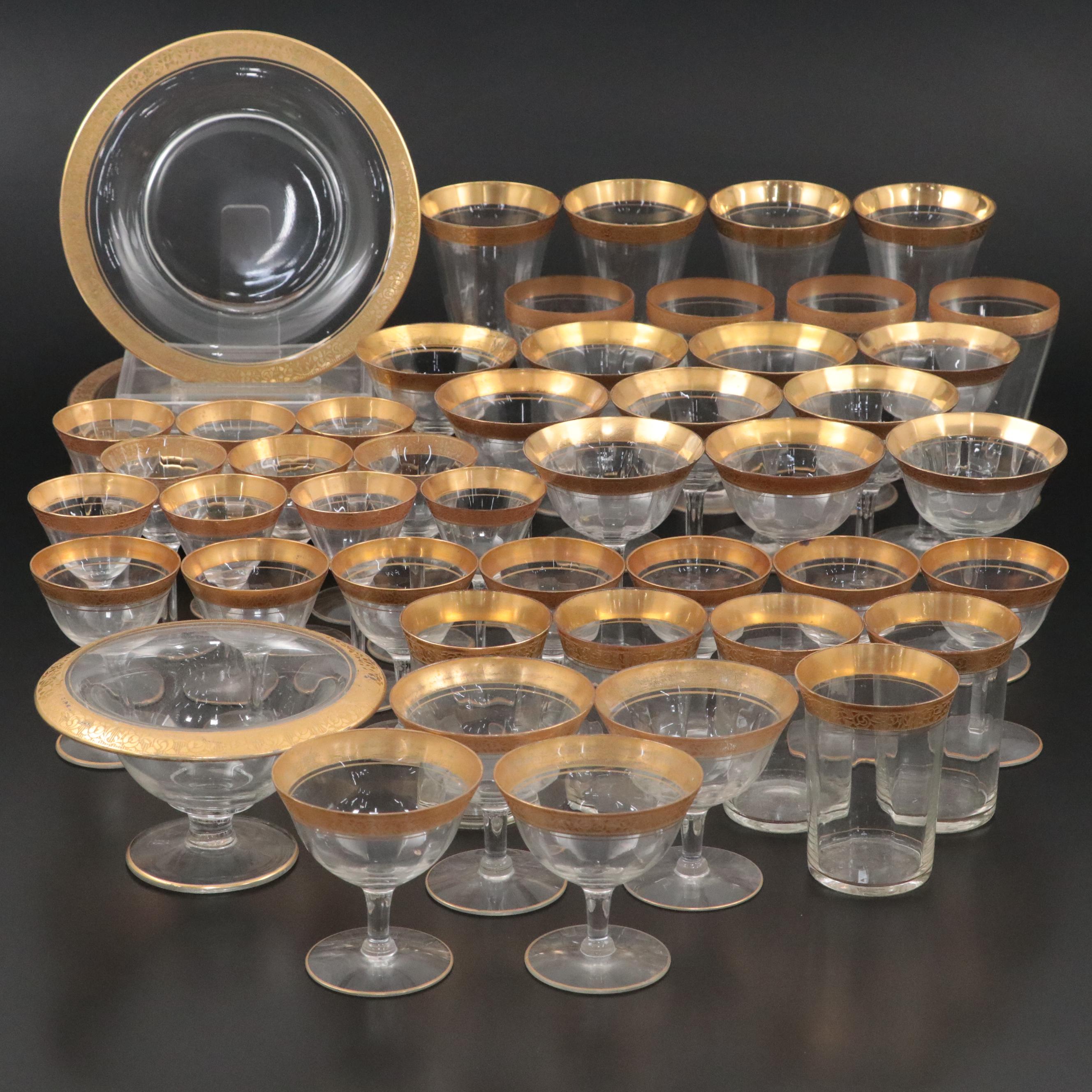 Tiffin-Franciscan "Rambler Rose" Gilt Crystal Stemware, Plates, and Footed Bowl