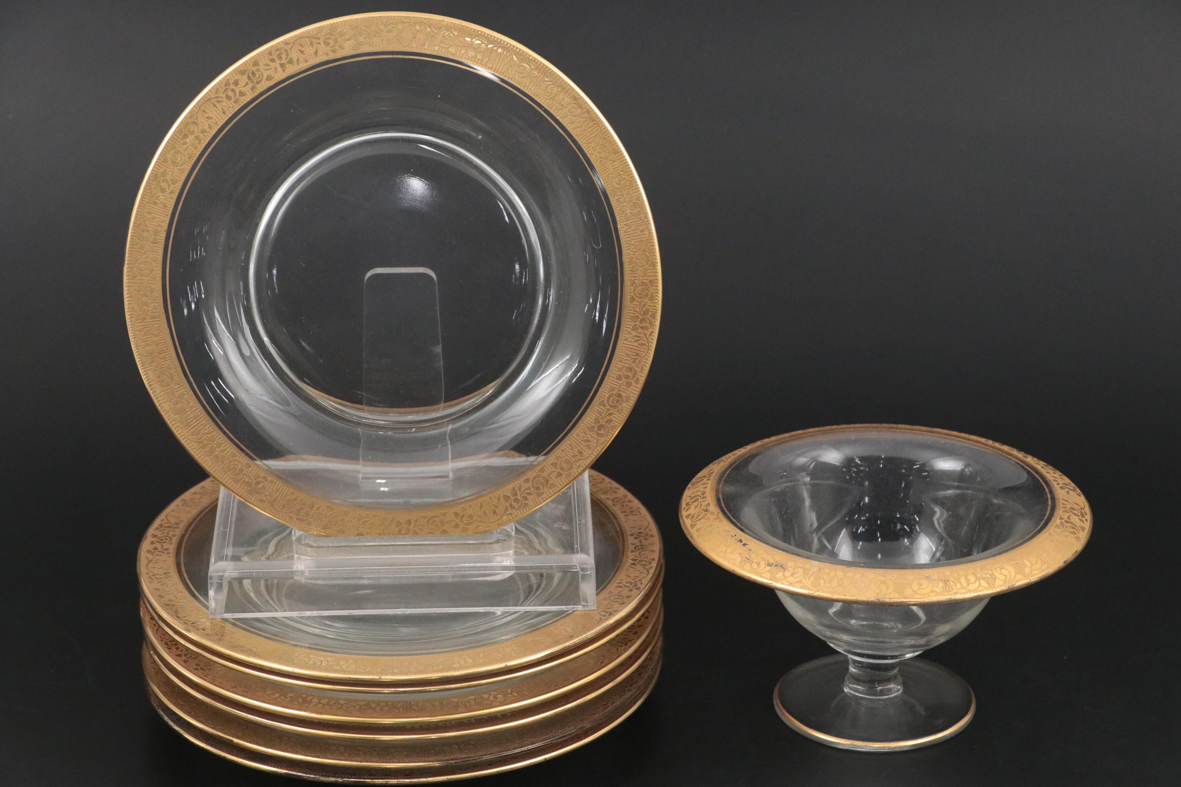 Tiffin-Franciscan "Rambler Rose" Gilt Crystal Stemware, Plates, and Footed Bowl