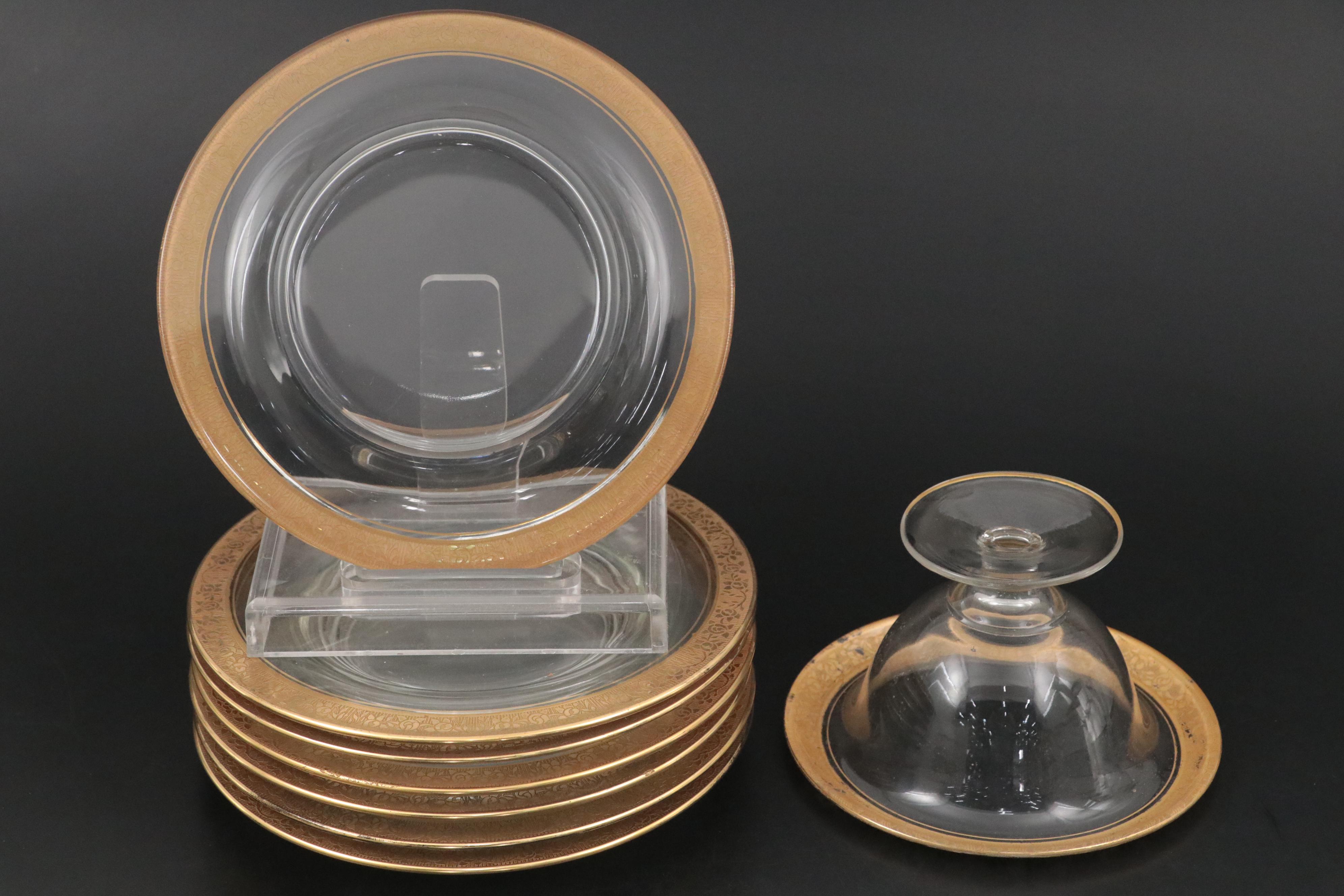 Tiffin-Franciscan "Rambler Rose" Gilt Crystal Stemware, Plates, and Footed Bowl