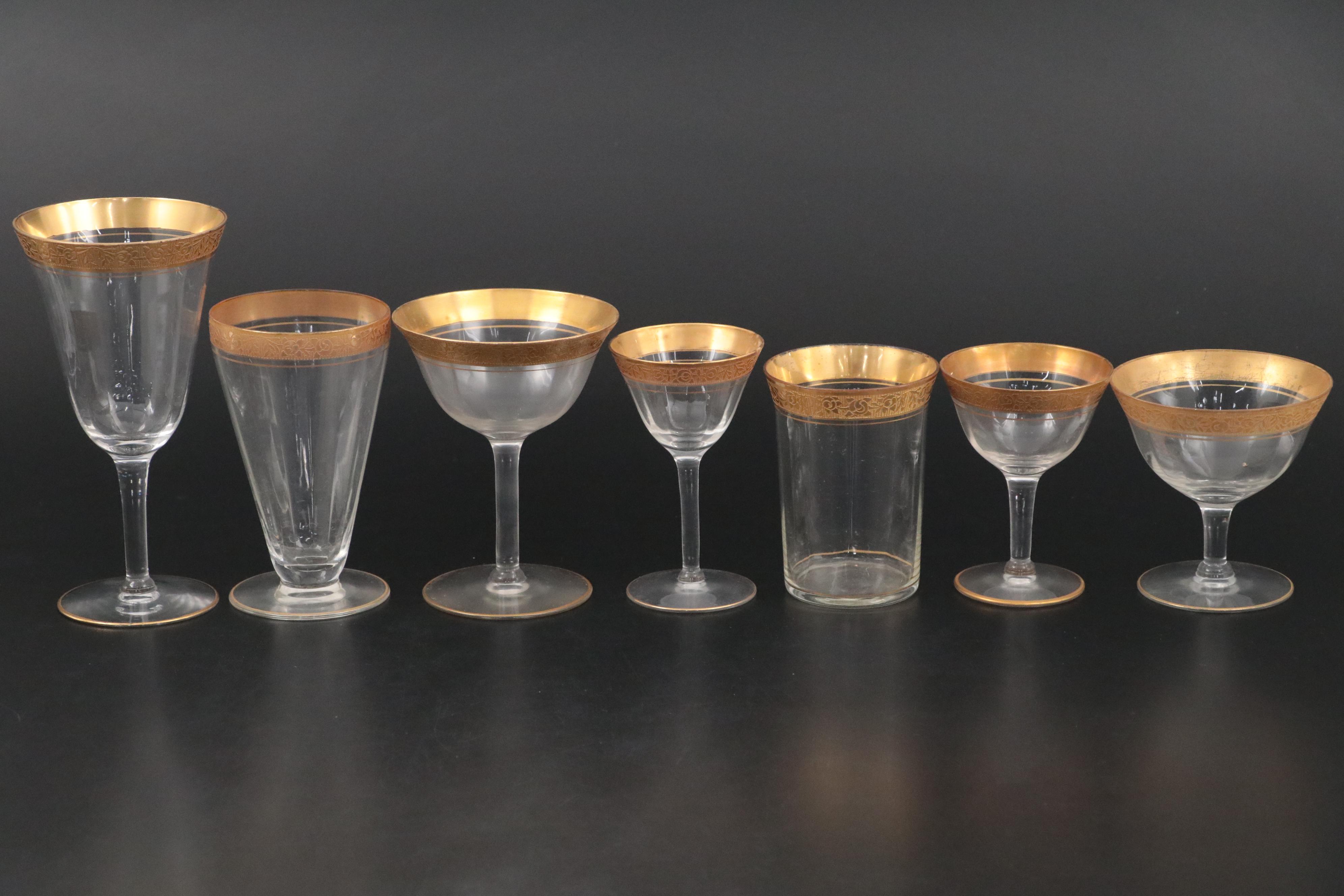 Tiffin-Franciscan "Rambler Rose" Gilt Crystal Stemware, Plates, and Footed Bowl