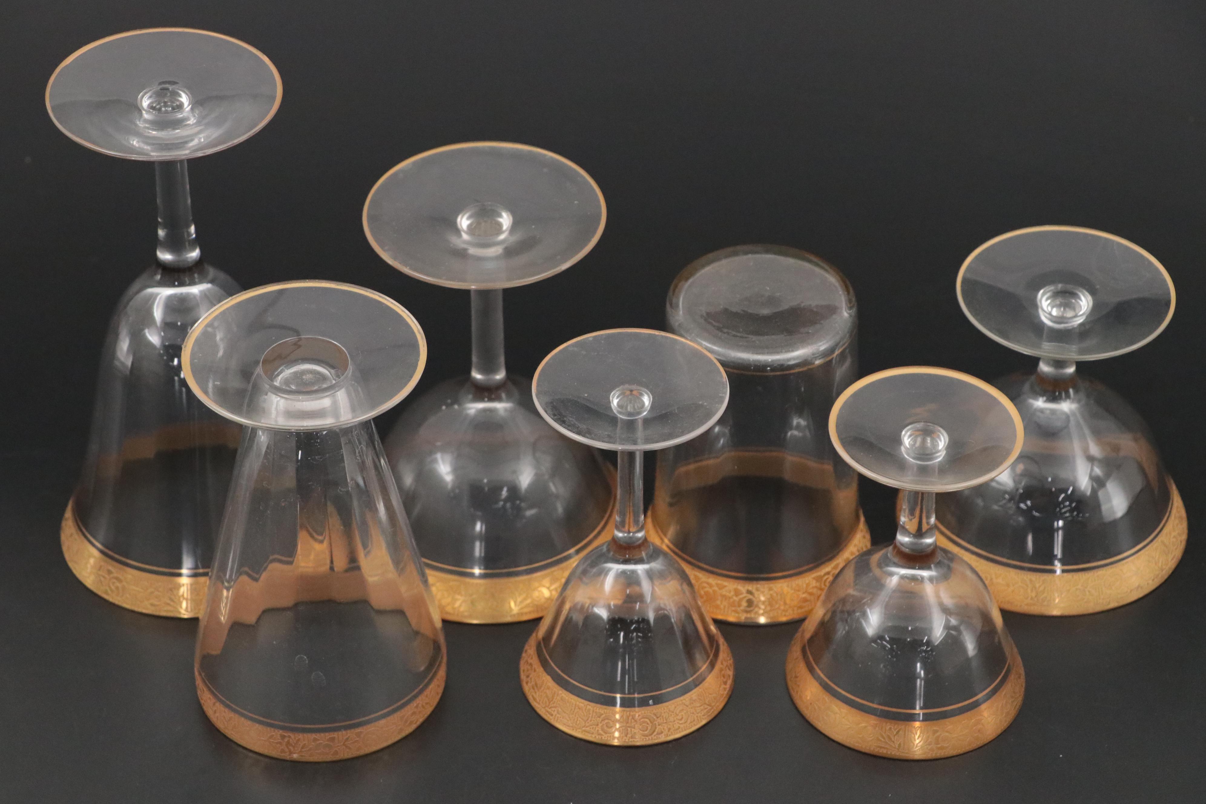 Tiffin-Franciscan "Rambler Rose" Gilt Crystal Stemware, Plates, and Footed Bowl