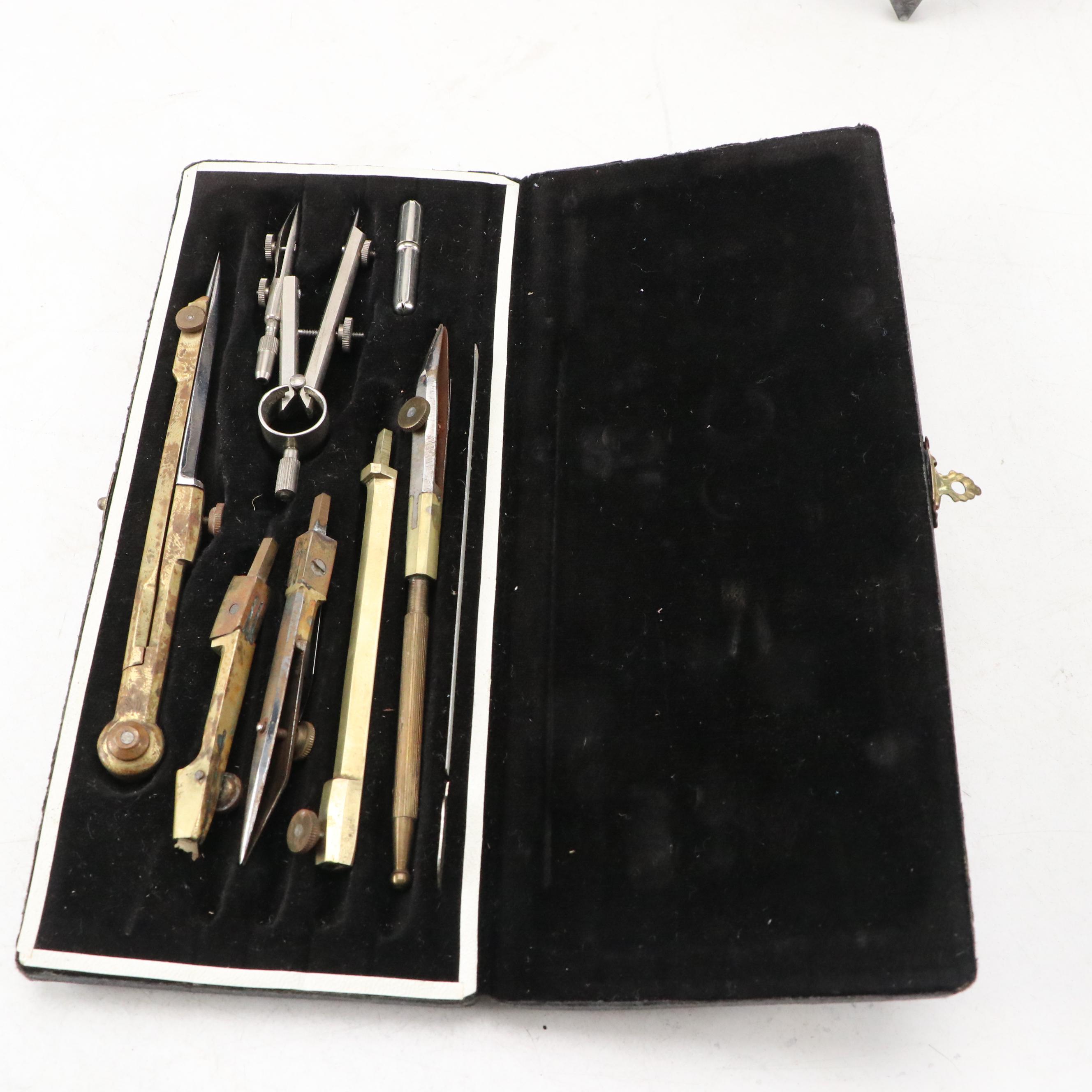 L. S. Starrett Co. Metal Surveyor Transit with Milano Metal Drafting Tools