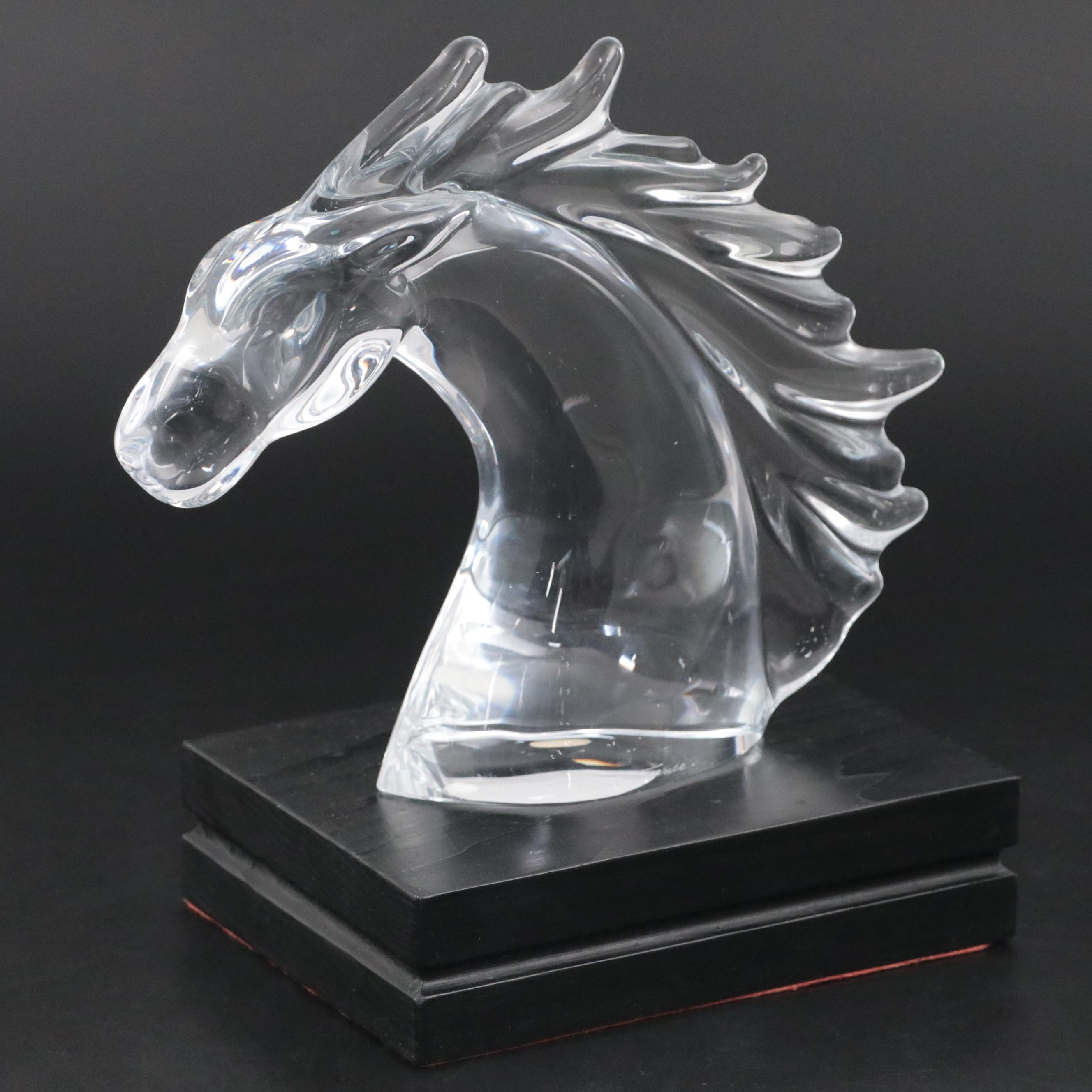 Daum "Tête de Cheval" Crystal Figurine with Wooden Stand, Late 20th Century