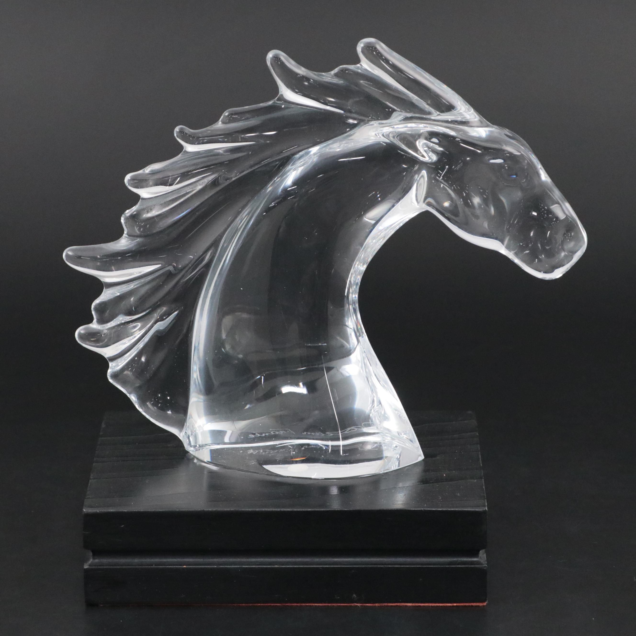 Daum "Tête de Cheval" Crystal Figurine with Wooden Stand, Late 20th Century