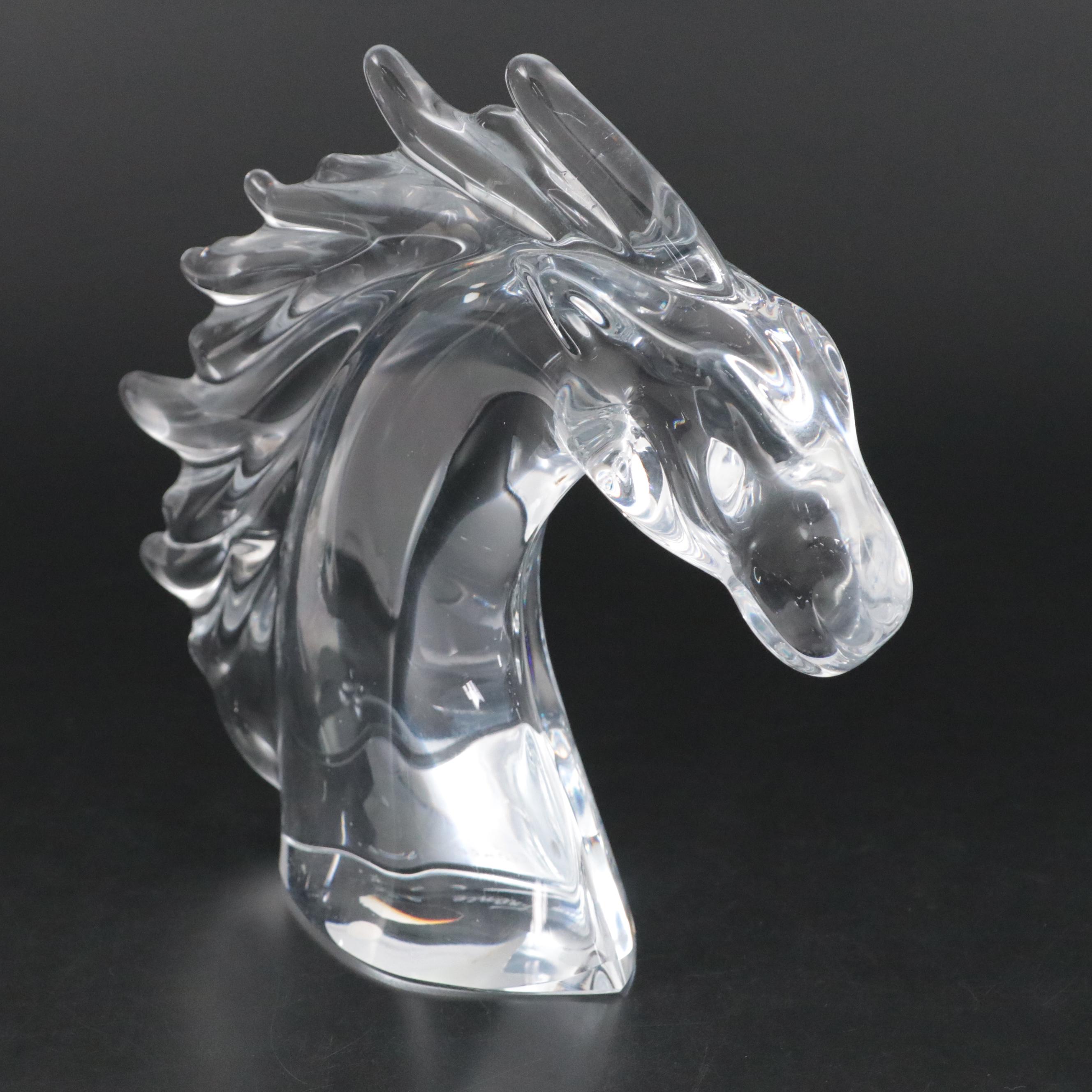 Daum "Tête de Cheval" Crystal Figurine with Wooden Stand, Late 20th Century
