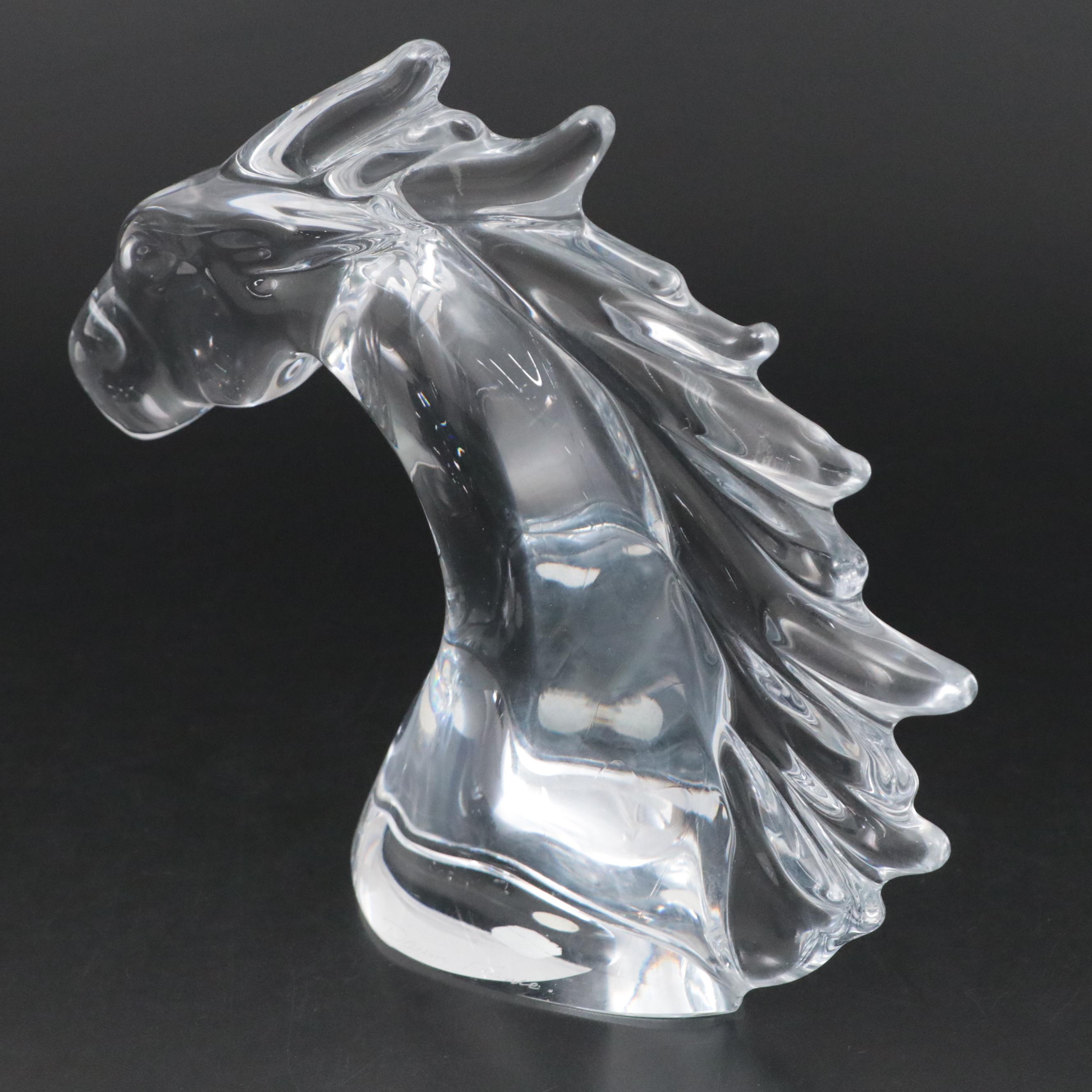 Daum "Tête de Cheval" Crystal Figurine with Wooden Stand, Late 20th Century