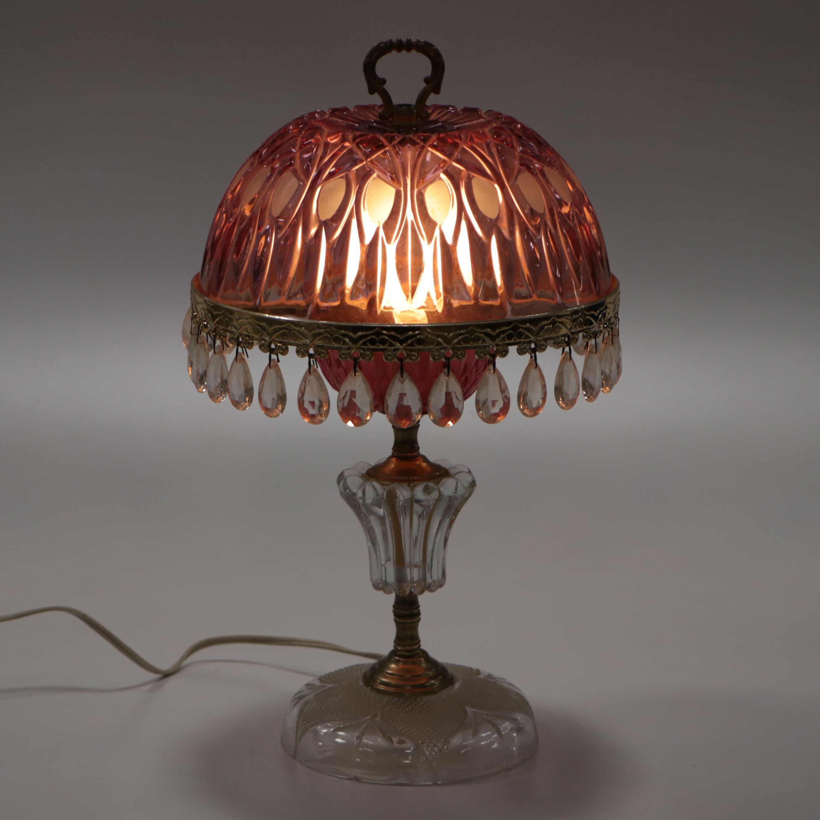 Michelotti Pink Glass, Crystal and Pressed Glass Table Lamp,