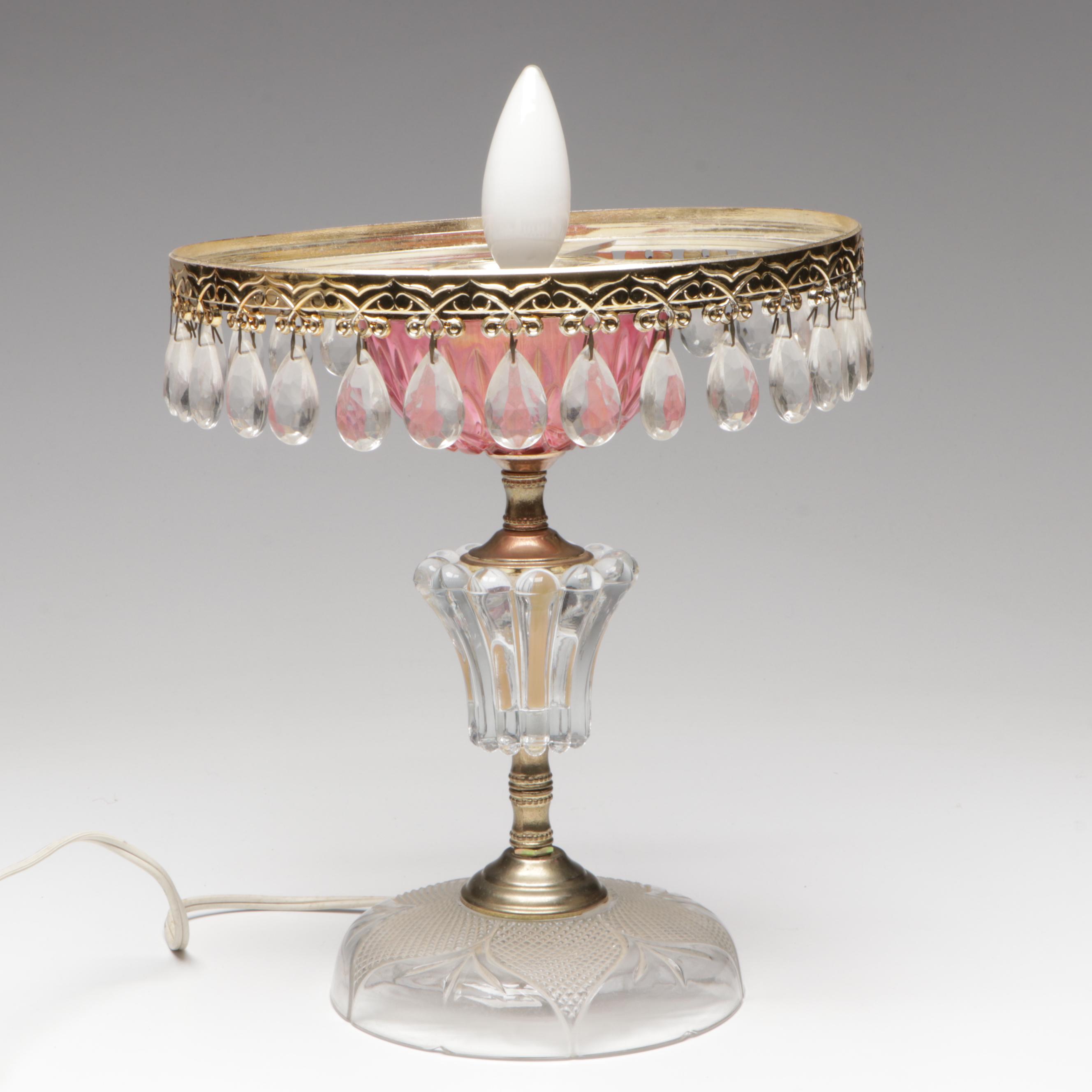 Michelotti Pink Glass, Crystal and Pressed Glass Table Lamp,