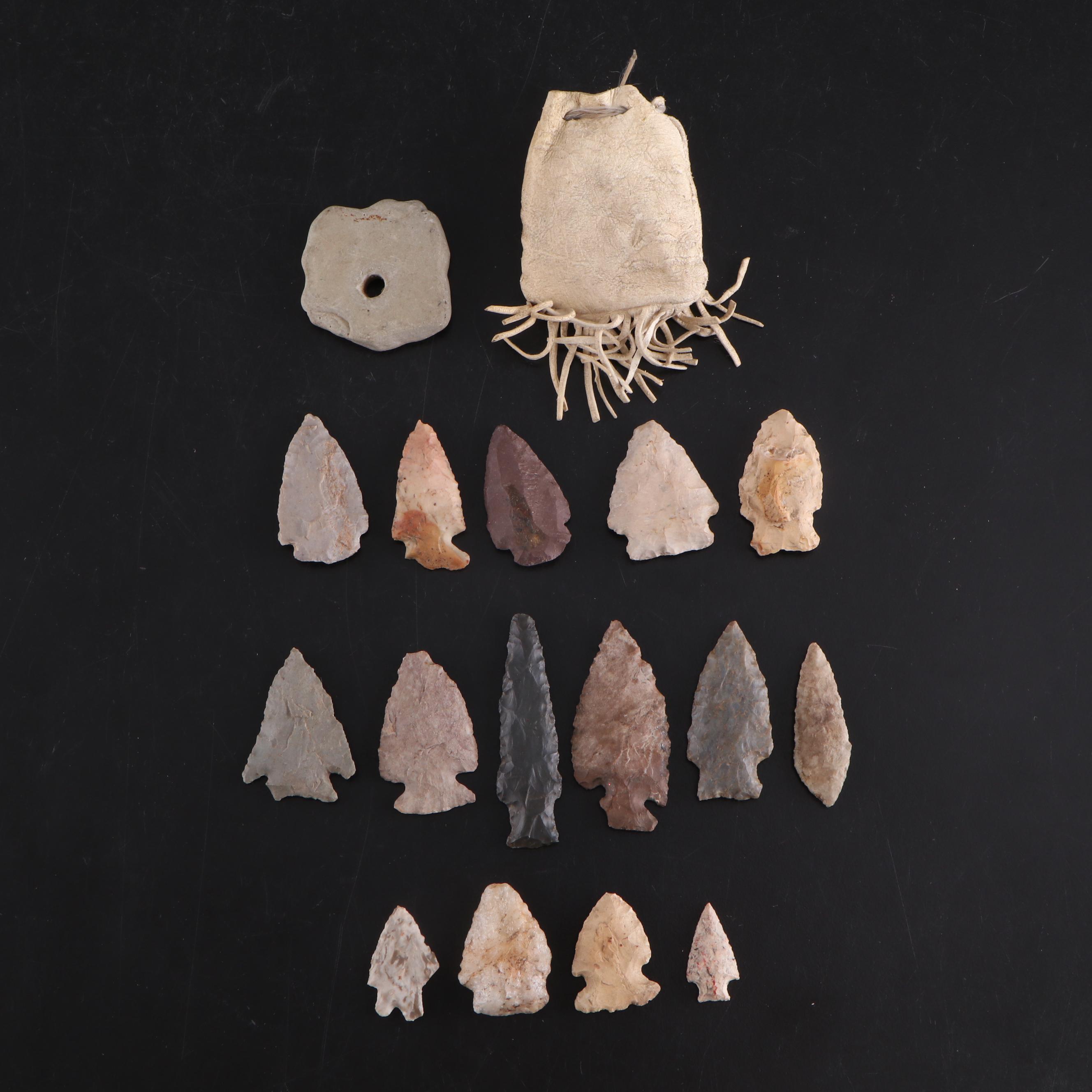 Knapped Stone Projectile Points With Fringed Leather Pouch