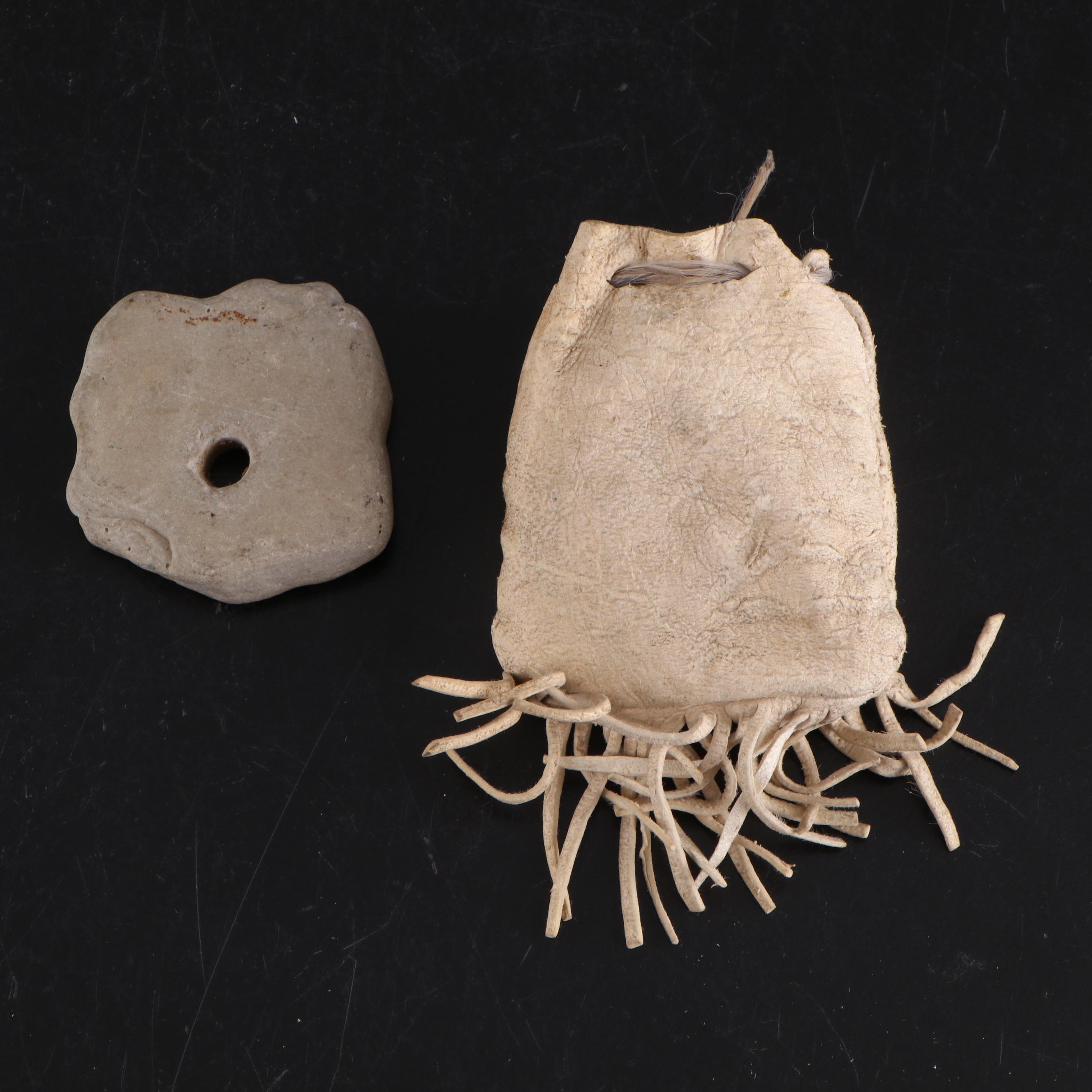 Knapped Stone Projectile Points With Fringed Leather Pouch
