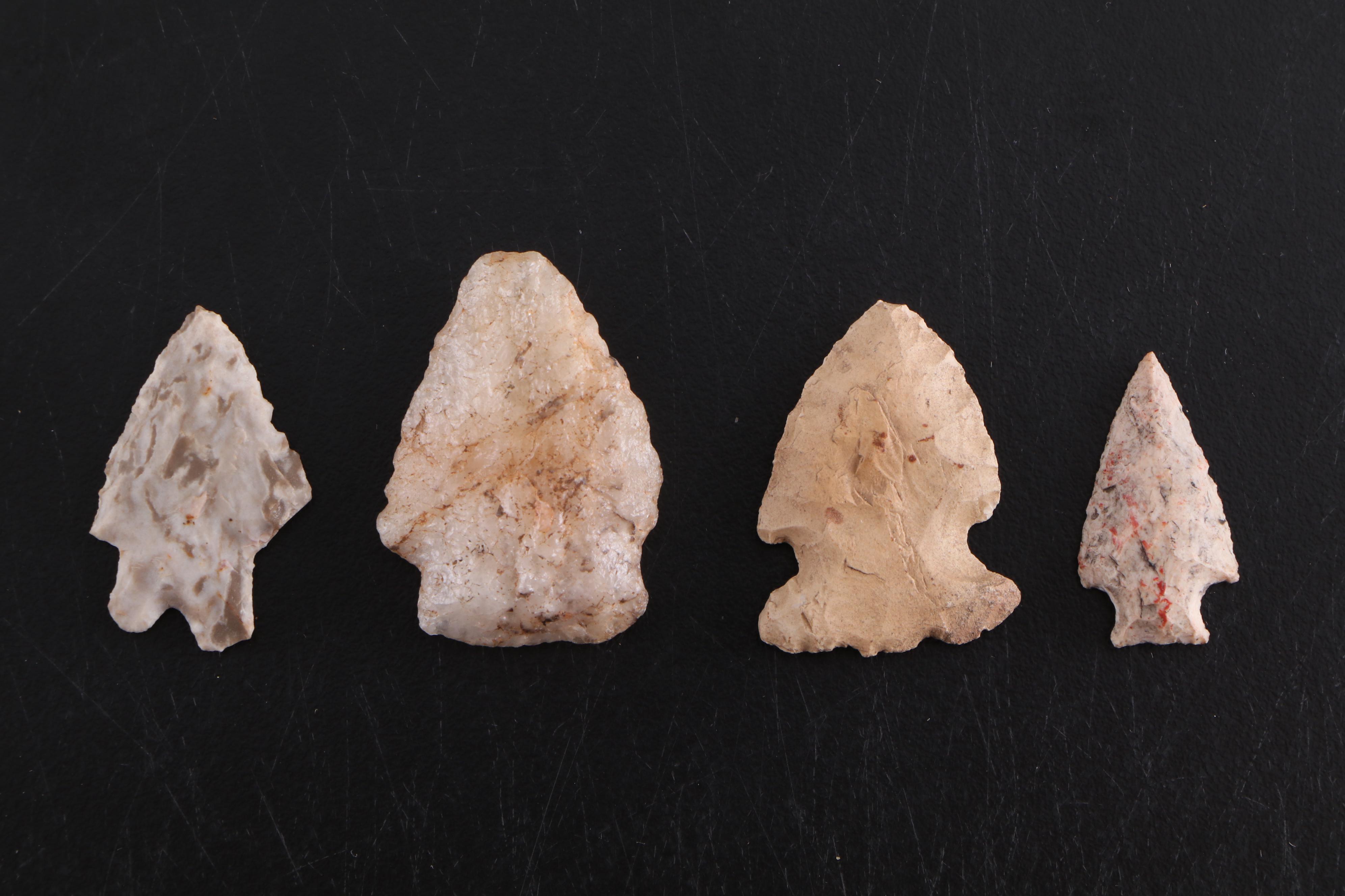 Knapped Stone Projectile Points With Fringed Leather Pouch