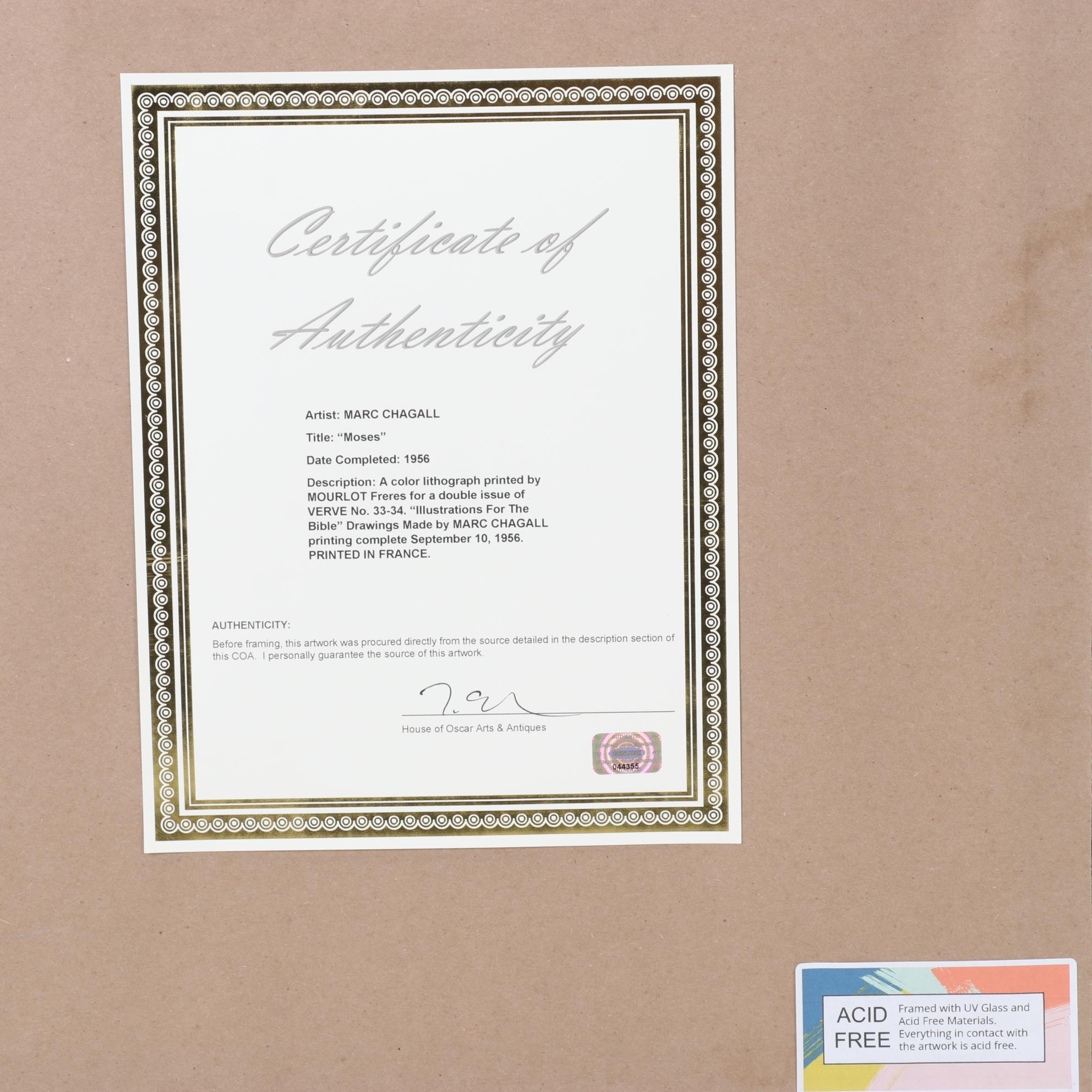 Marc Chagall Color Lithograph "Moses" From "Verve," 1956