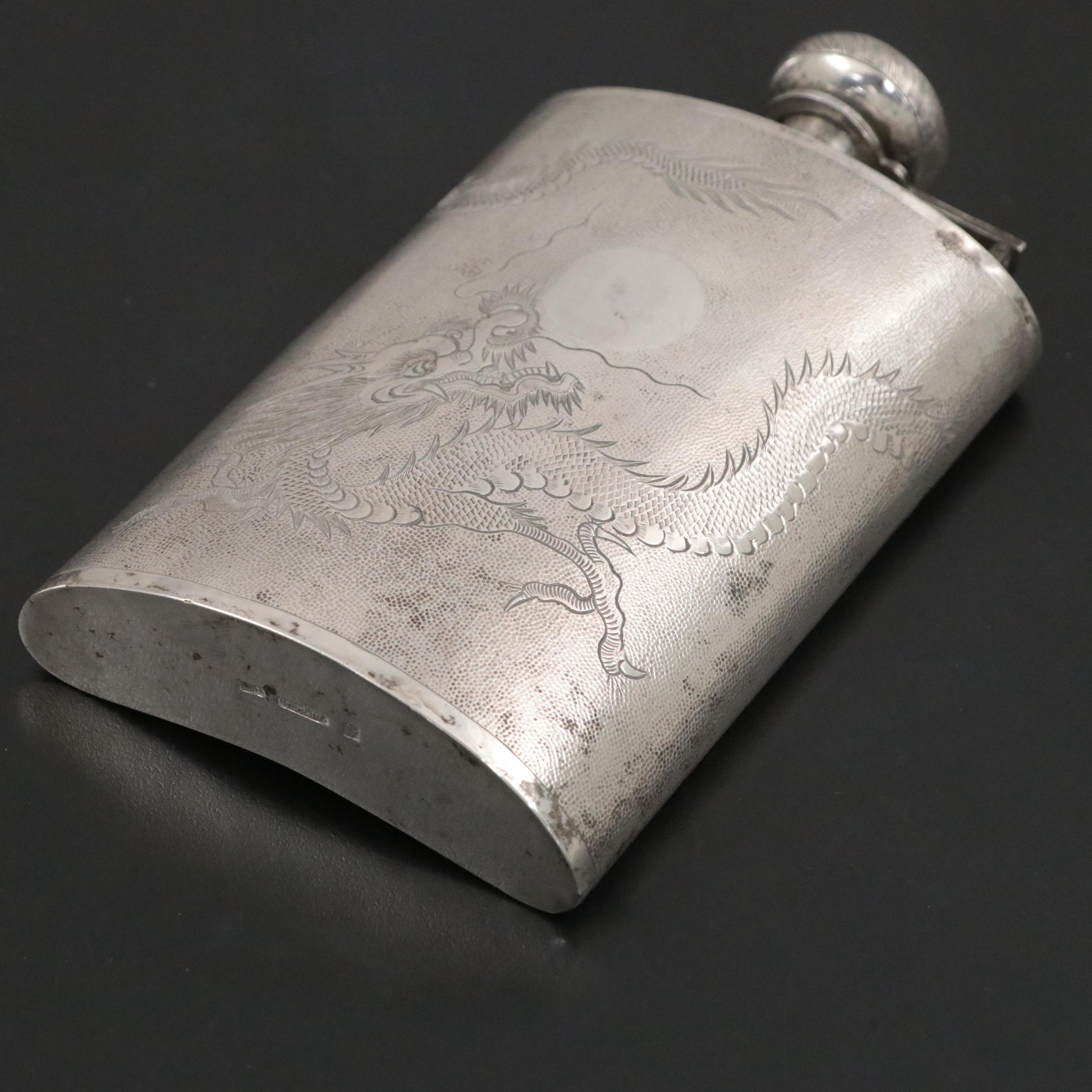 Chinese Export Sterling Silver Three-Toed Dragon Flask, Early 20th Century