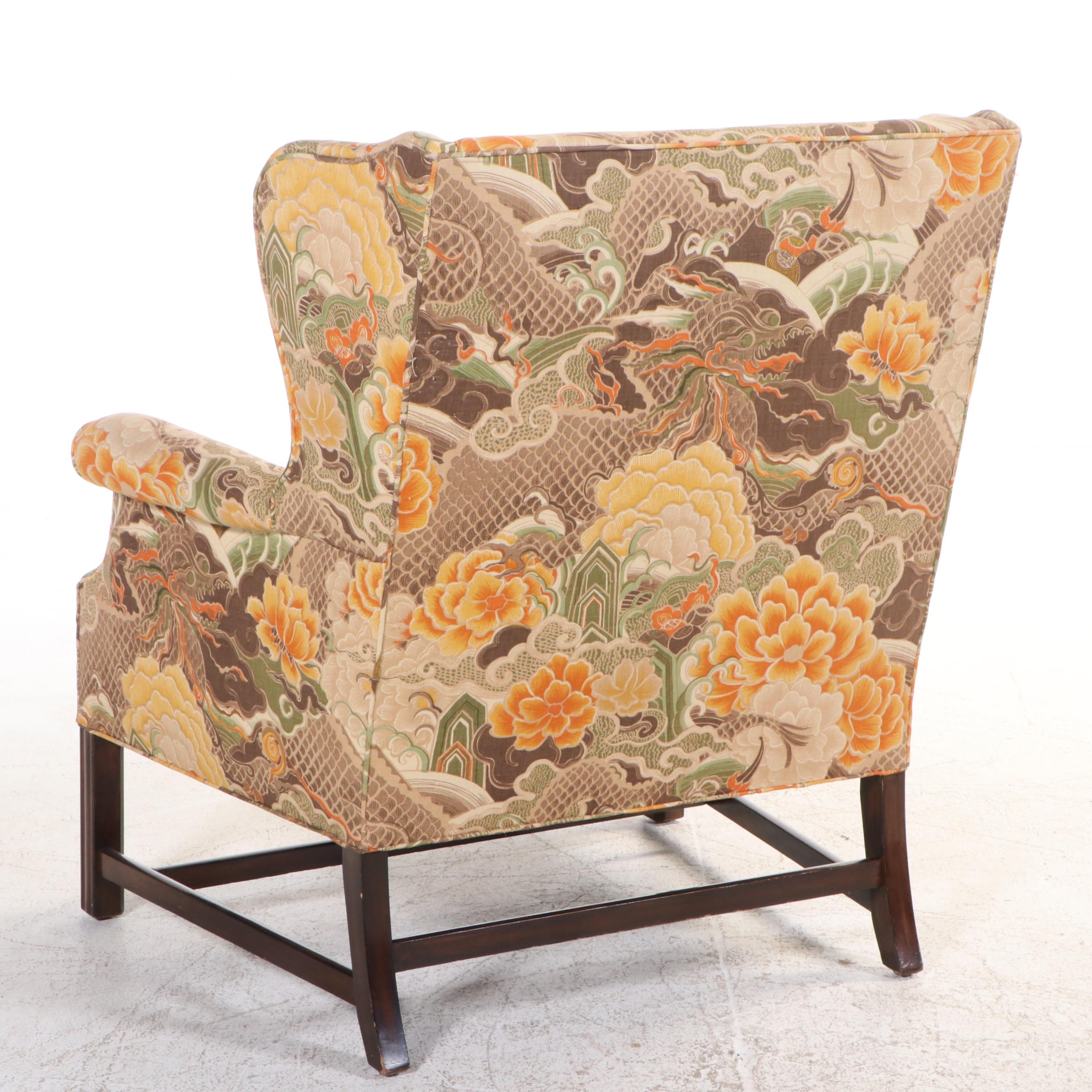 The Strassel Co. Chippendale Style Chinoiserie-Upholstered Wing Chair-and-a-Half