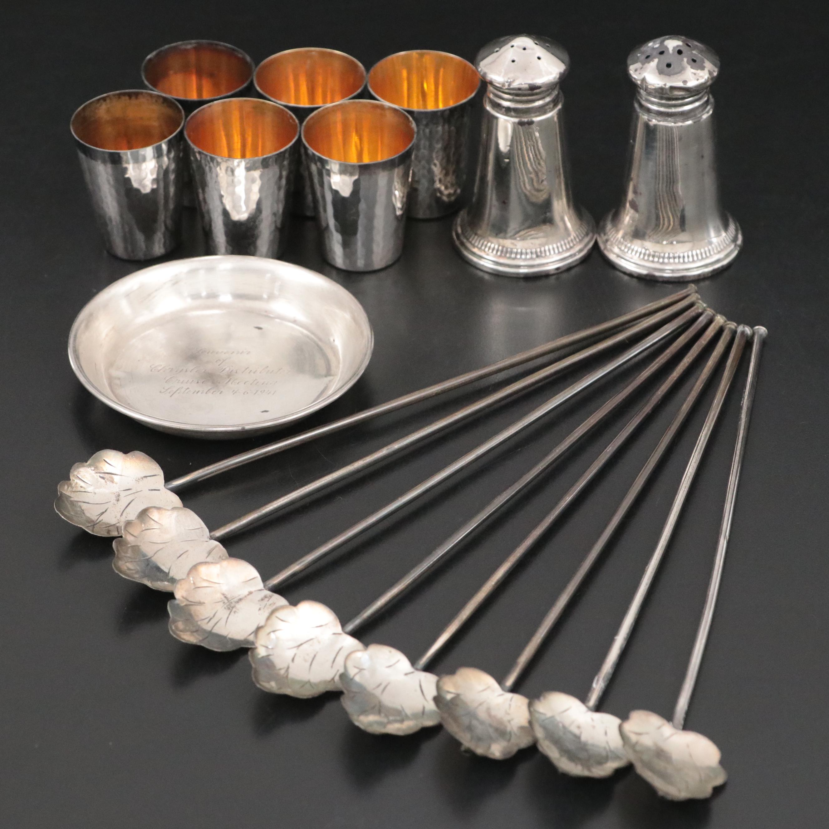 Japanese 950 Silver Shot Glasses with Other Sterling Table Accessories