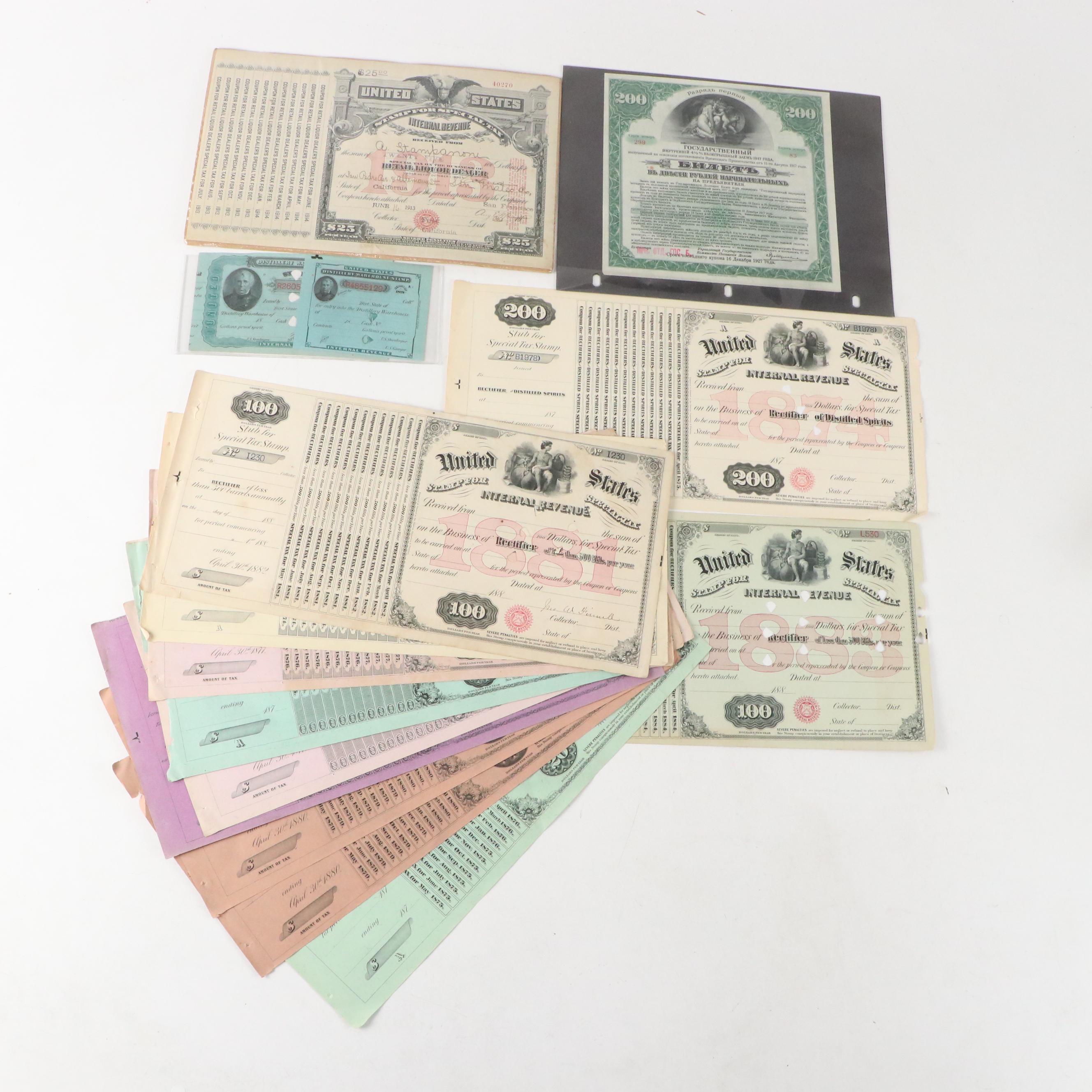 Retail Liquor Dealer Tax Stamps, Russian Bonds and Distillery Warehouse Stamps