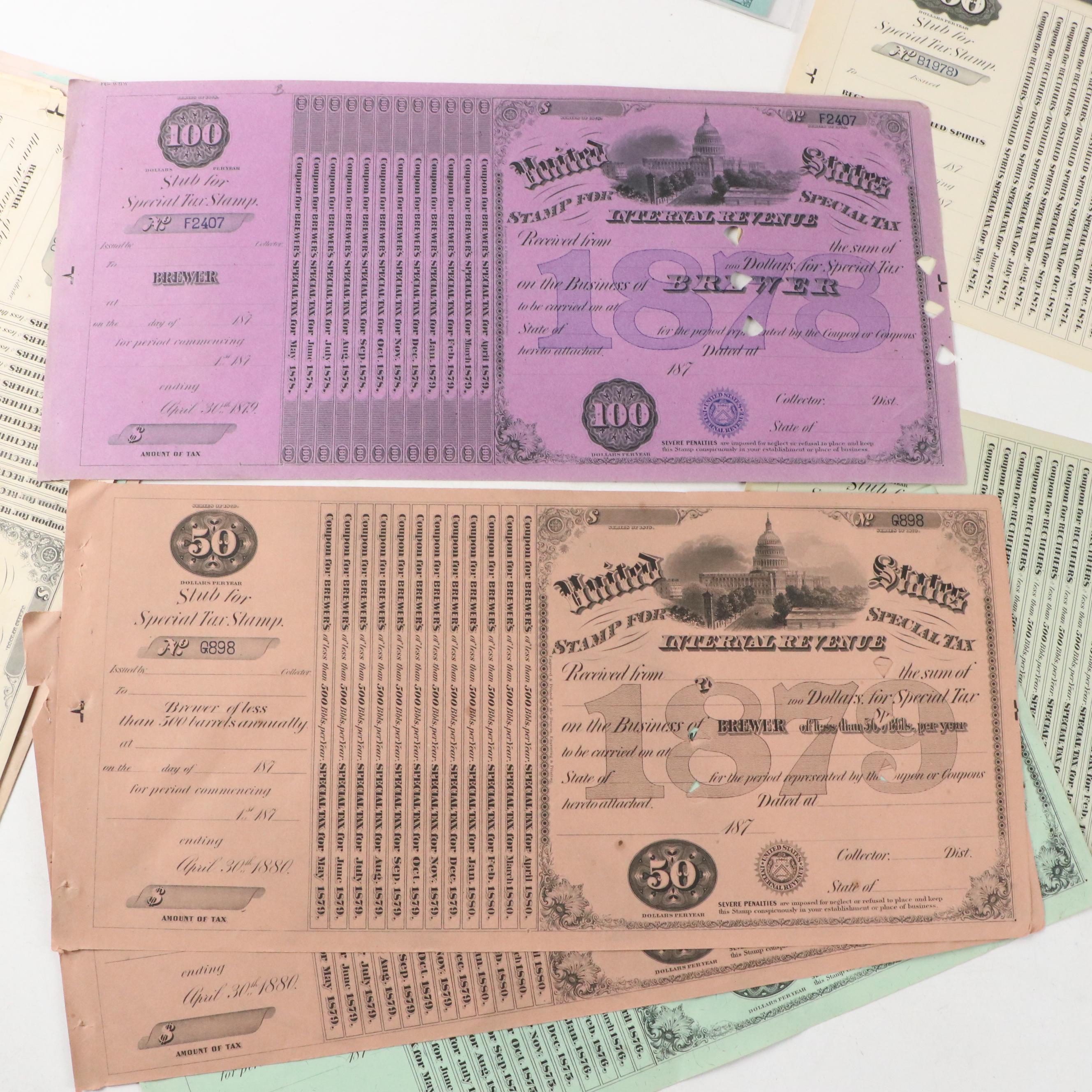 Retail Liquor Dealer Tax Stamps, Russian Bonds and Distillery Warehouse Stamps