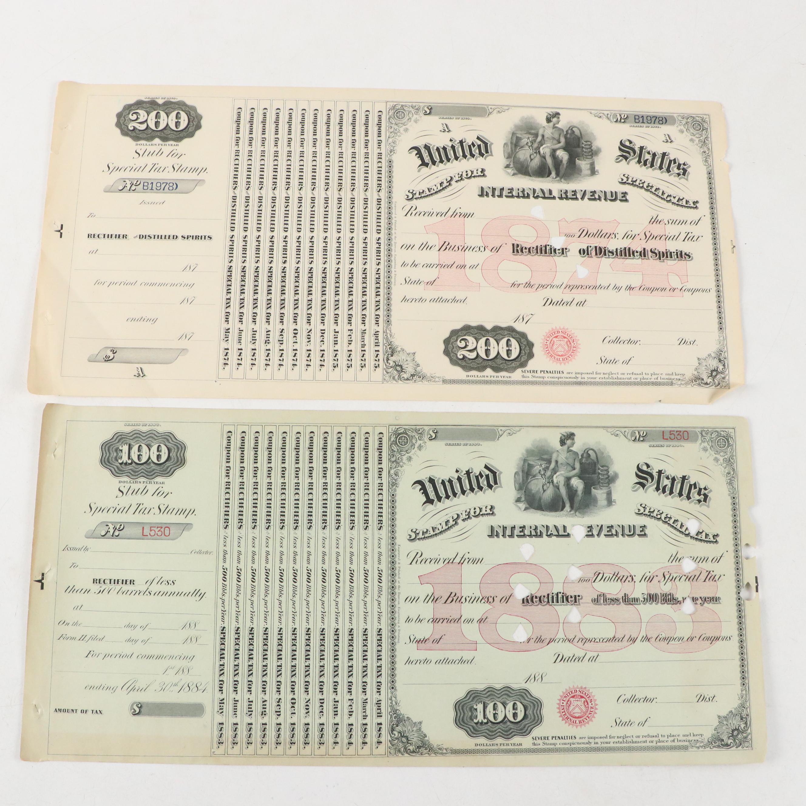 Retail Liquor Dealer Tax Stamps, Russian Bonds and Distillery Warehouse Stamps