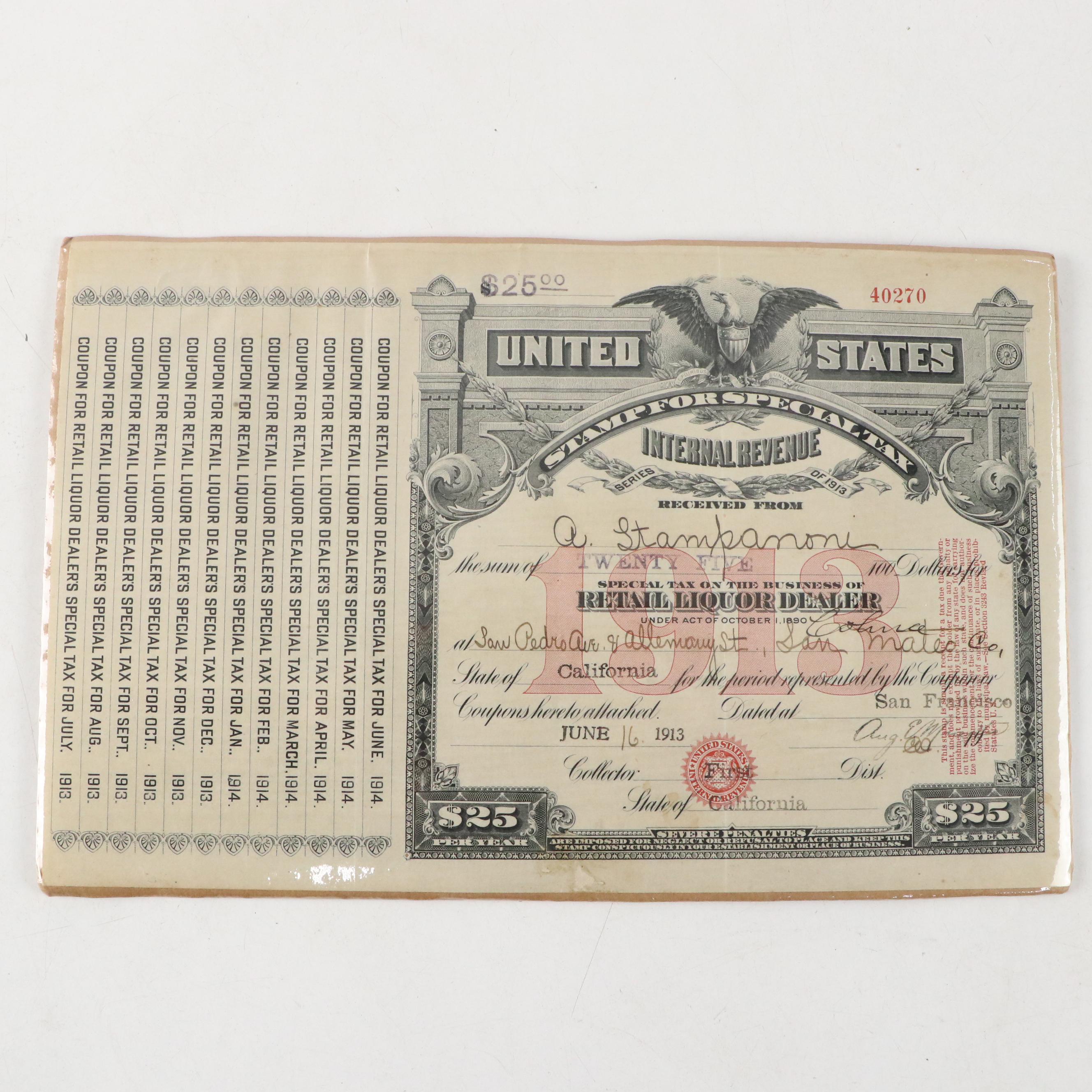 Retail Liquor Dealer Tax Stamps, Russian Bonds and Distillery Warehouse Stamps