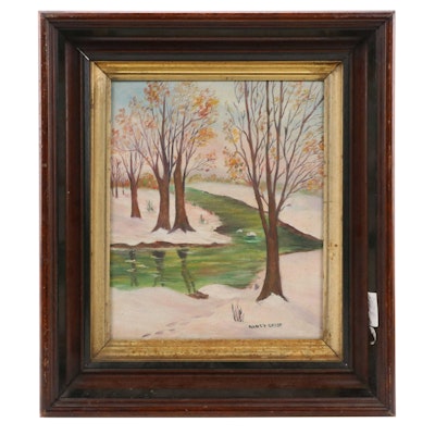 Nancy Crisp Winter Landscape Oil Painting in Victorian Walnut Frame