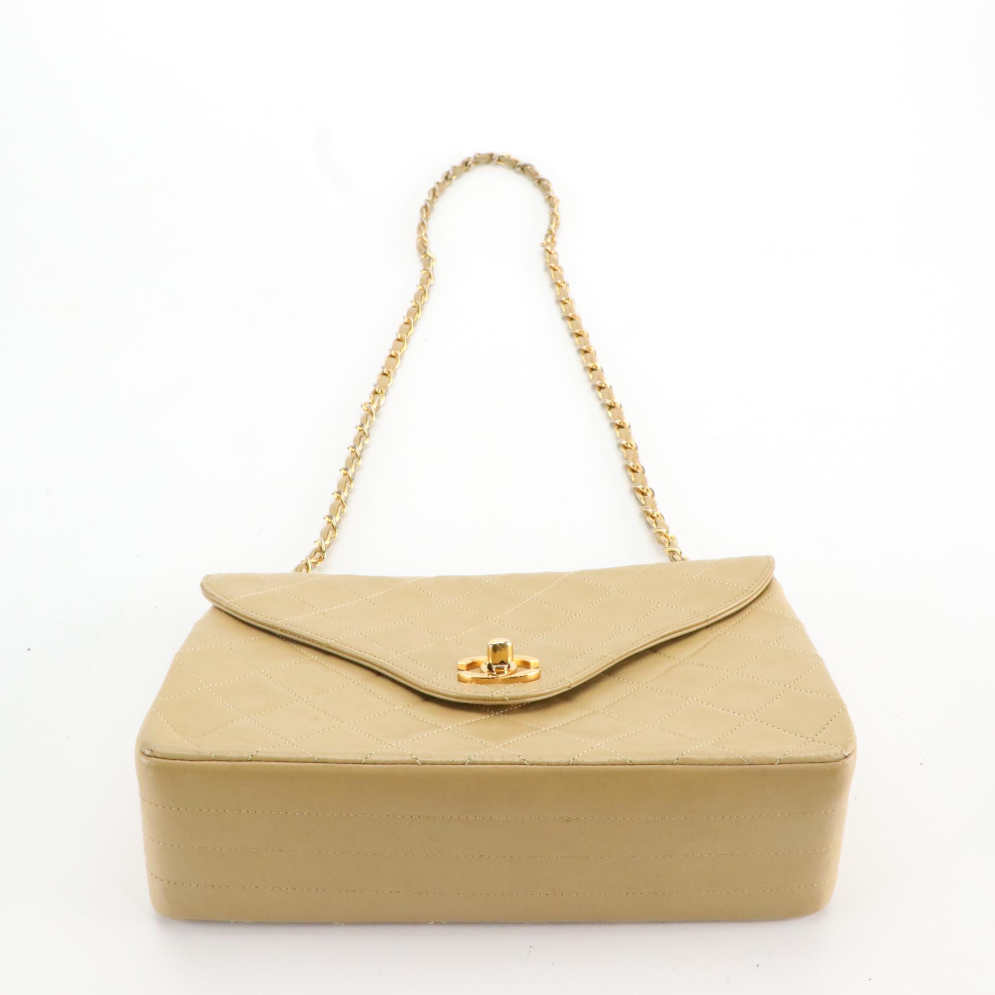 Chanel Flap Front Shoulder Bag in Beige Quilted Lambskin Leather
