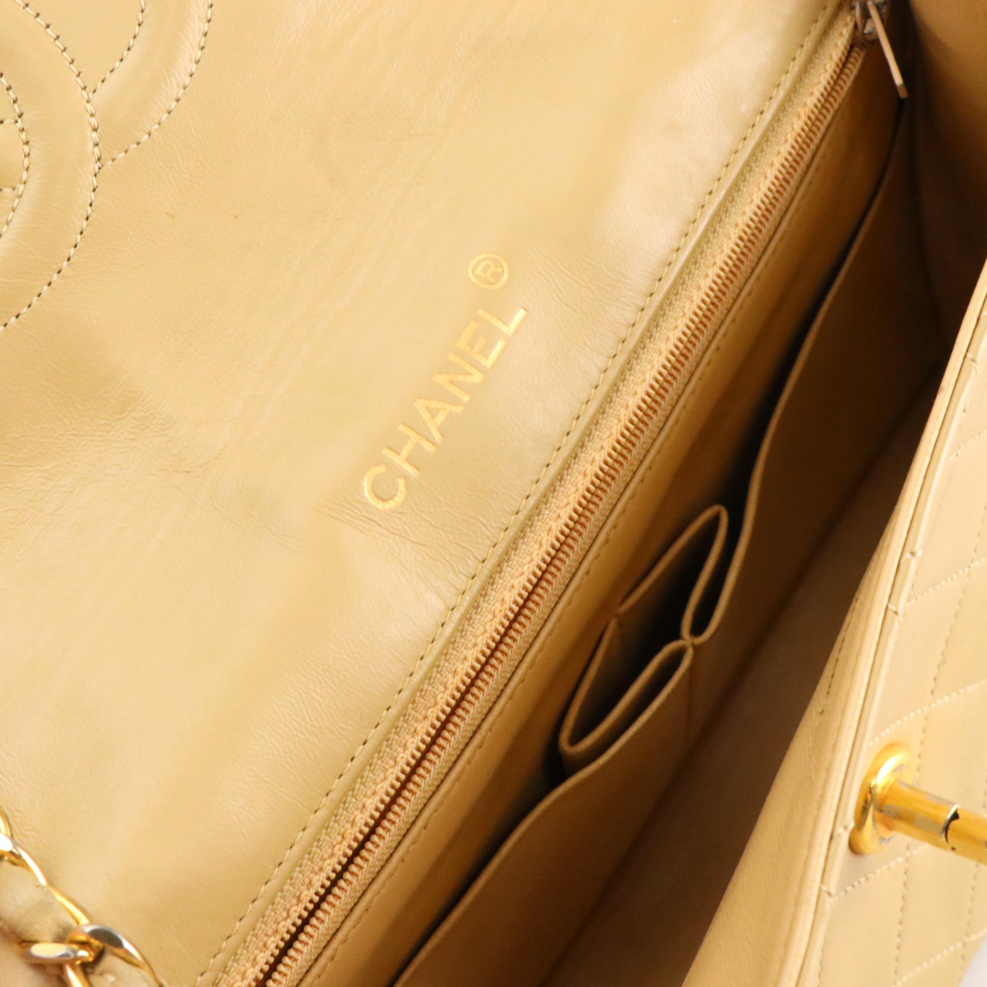 Chanel Flap Front Shoulder Bag in Beige Quilted Lambskin Leather